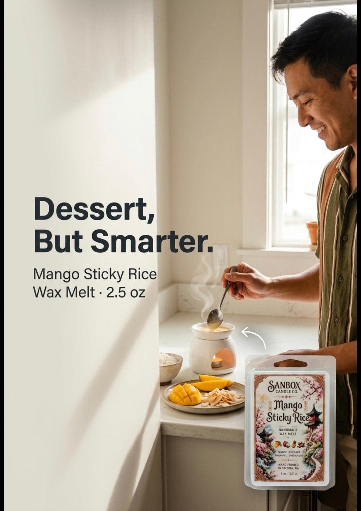 Sanbox Candle Co Silk Road Collection banner featuring the Mango Sticky Rice wax melt, part of an Asian-inspired fragrance line