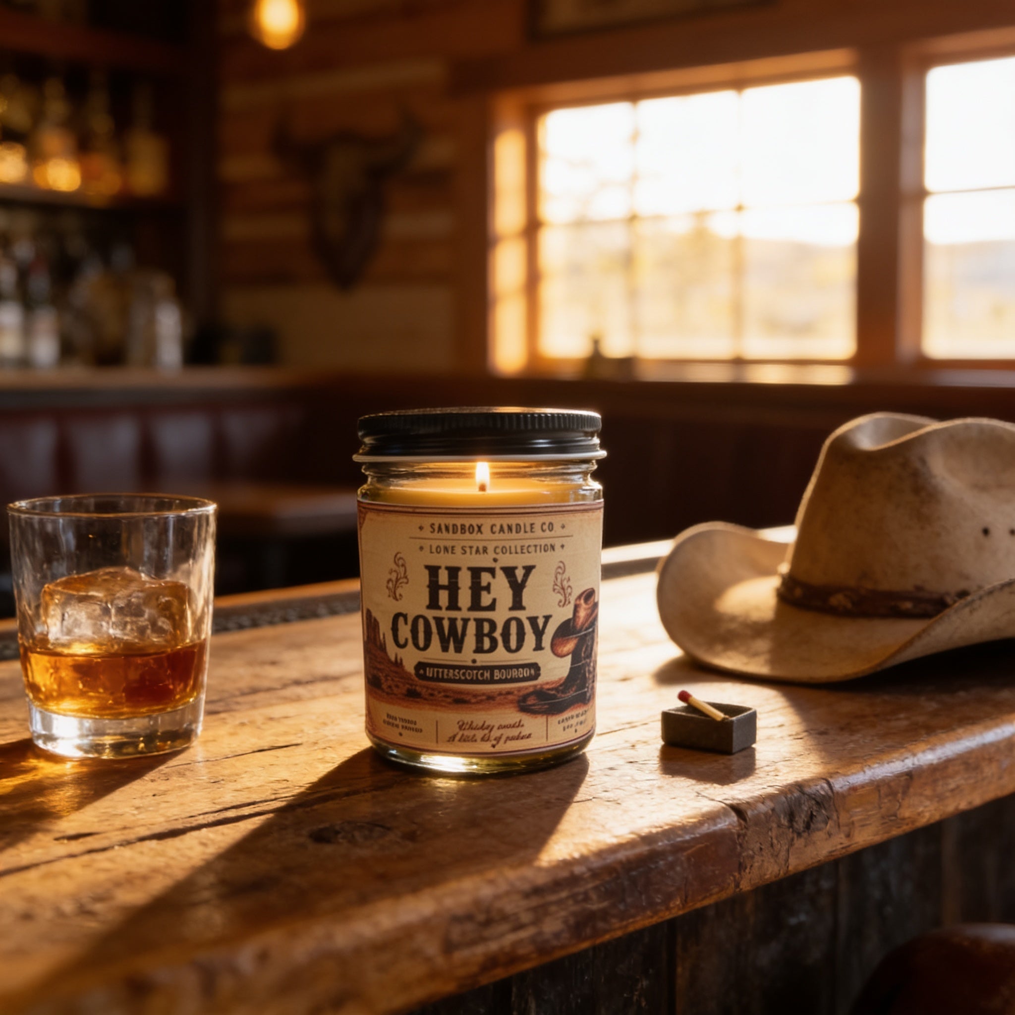 a candle labeled "Hey Cowboy" on a wooden surface, with a glass of amber liquid and a straw nearby. A cowboy hat is also present in the scene.