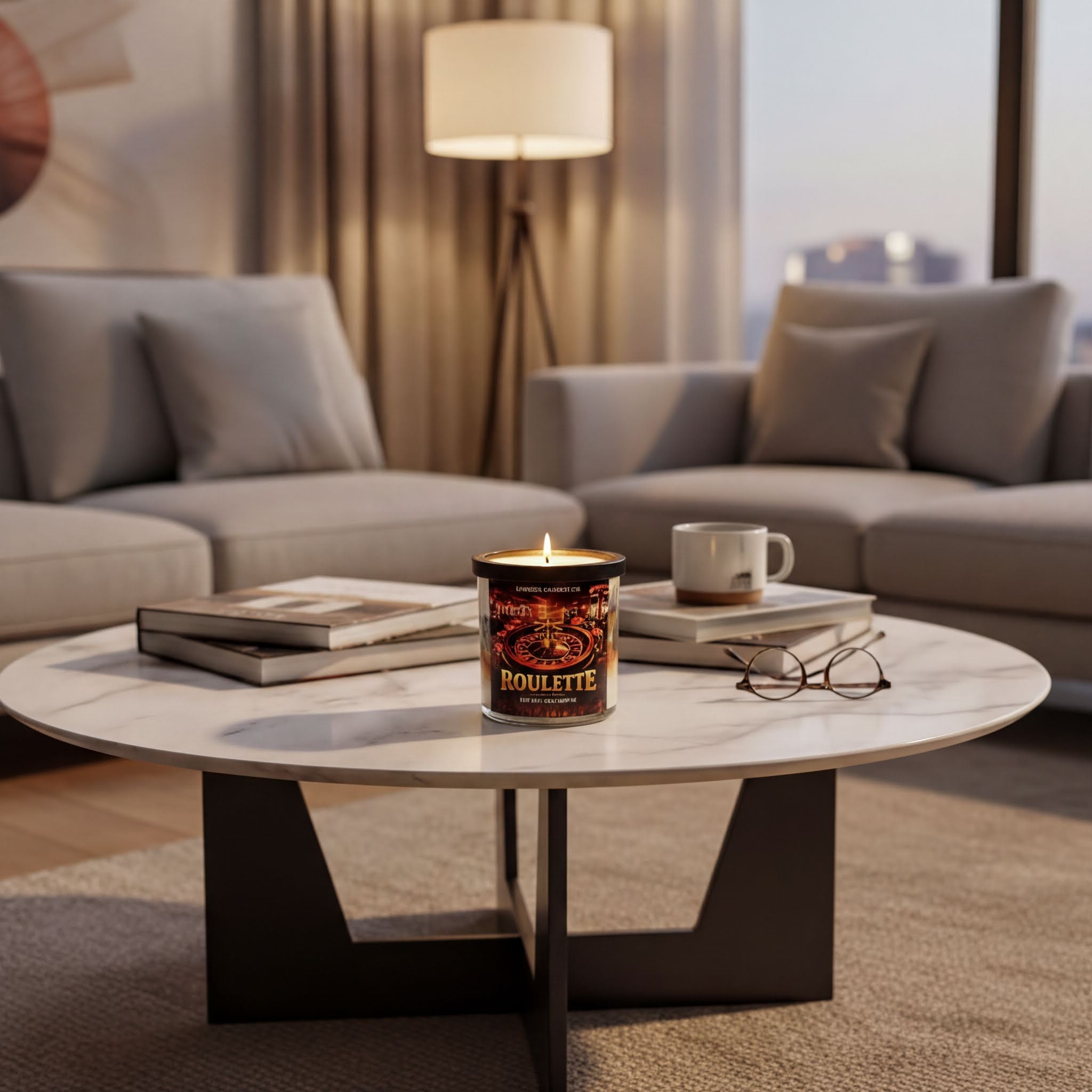 A cozy living room with a round marble coffee table in the center, featuring a lit candle, a pair of glasses, and a book.