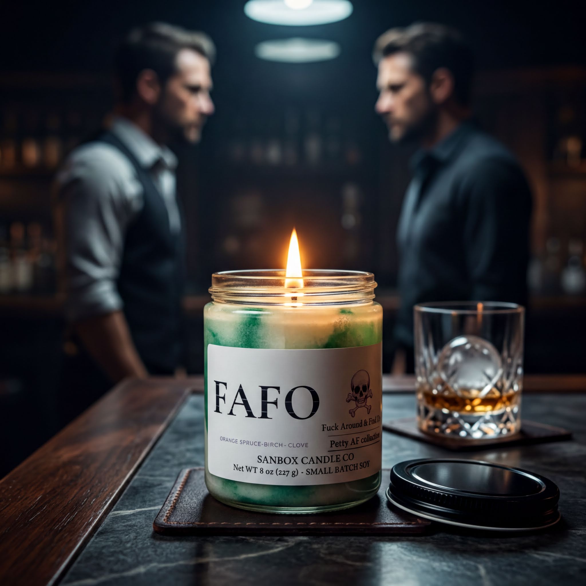 a candle labeled "FAFO" on a table, with a glass of whiskey and a man in a black shirt in the background.