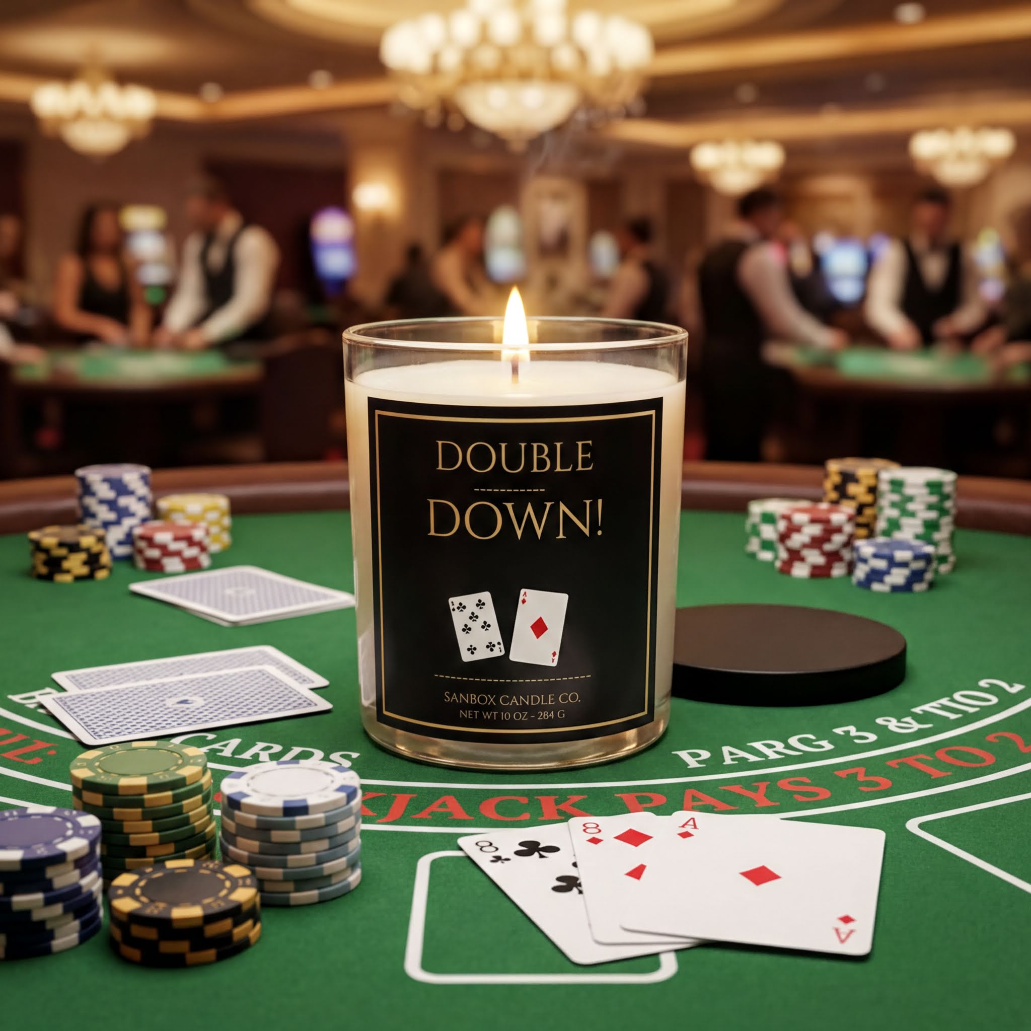 A lit candle labeled "DOUBLE DOWN!" sits on a casino table surrounded by poker chips and playing cards, with a blurred background of people playing cards in a casino setting.