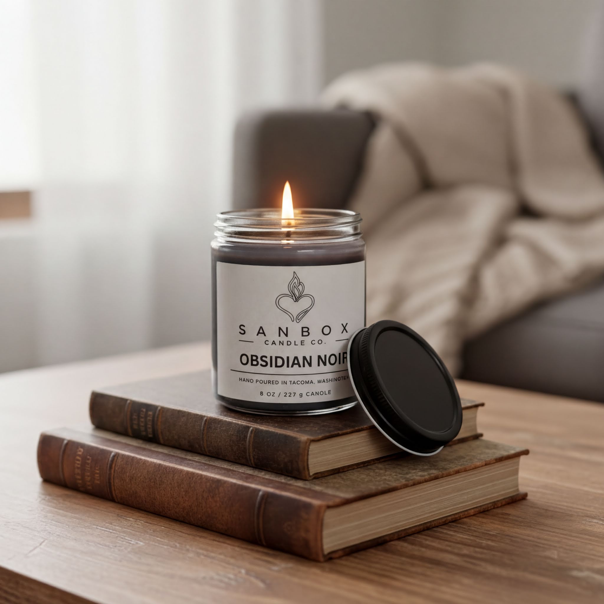 A lit candle in a glass jar sits on top of a stack of old books, with a cozy blanket draped over a couch in the background.