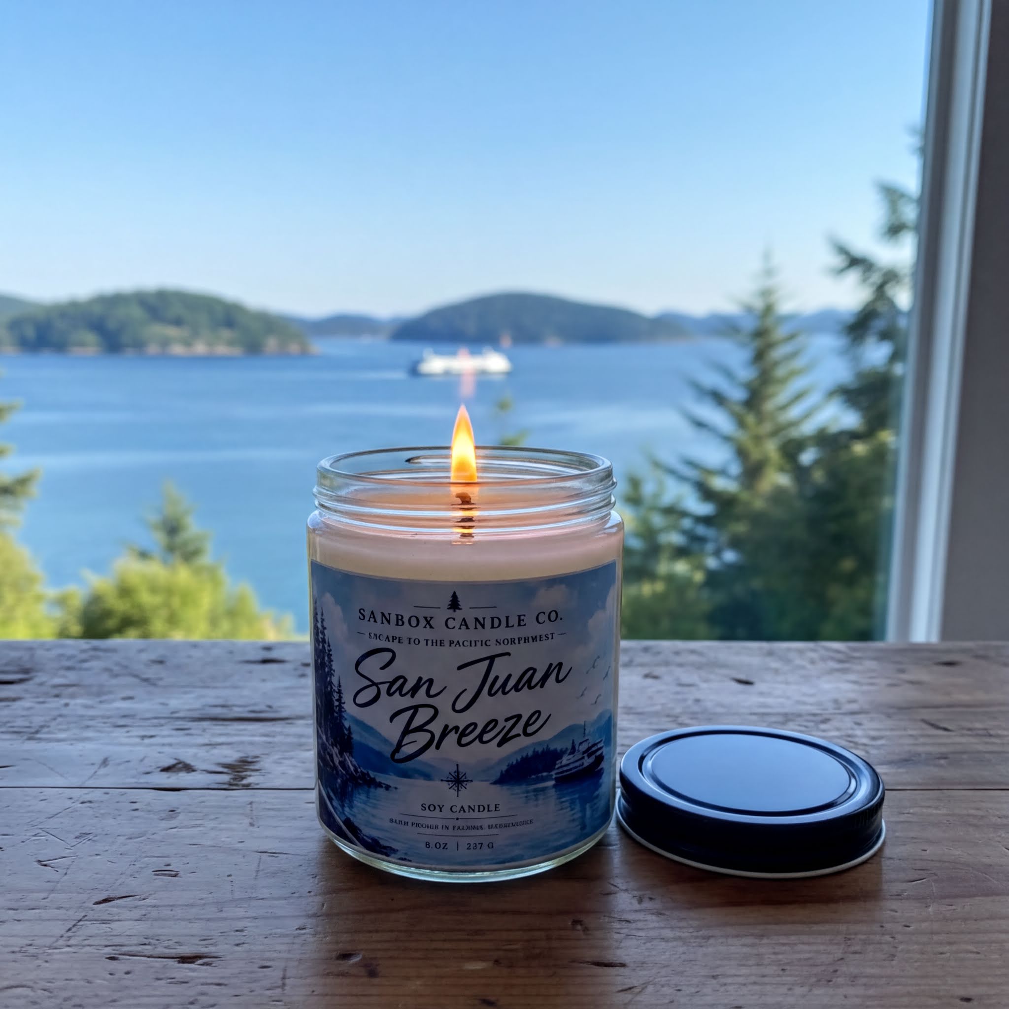 A lit candle in a jar sits on a wooden surface, with a scenic view of a body of water and mountains in the background.