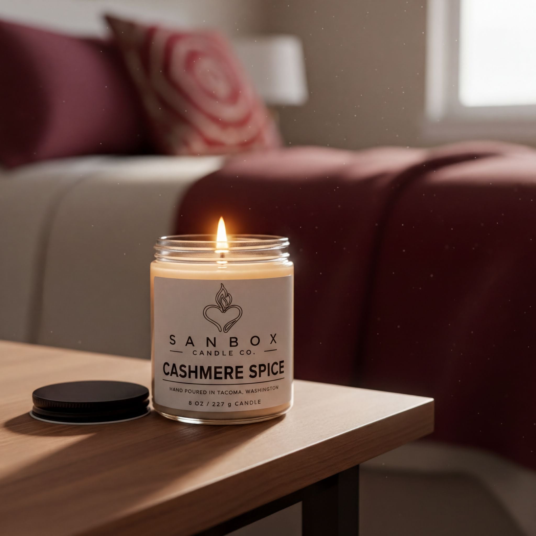 A lit candle in a glass jar sits on a wooden table, with a red blanket and a window in the background.