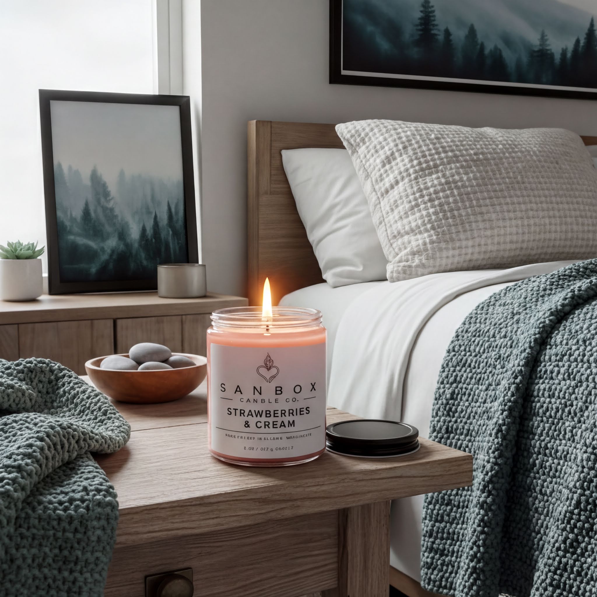 a bedroom scene with a lit candle on a wooden nightstand, a framed picture, and a cozy bed with a gray blanket.