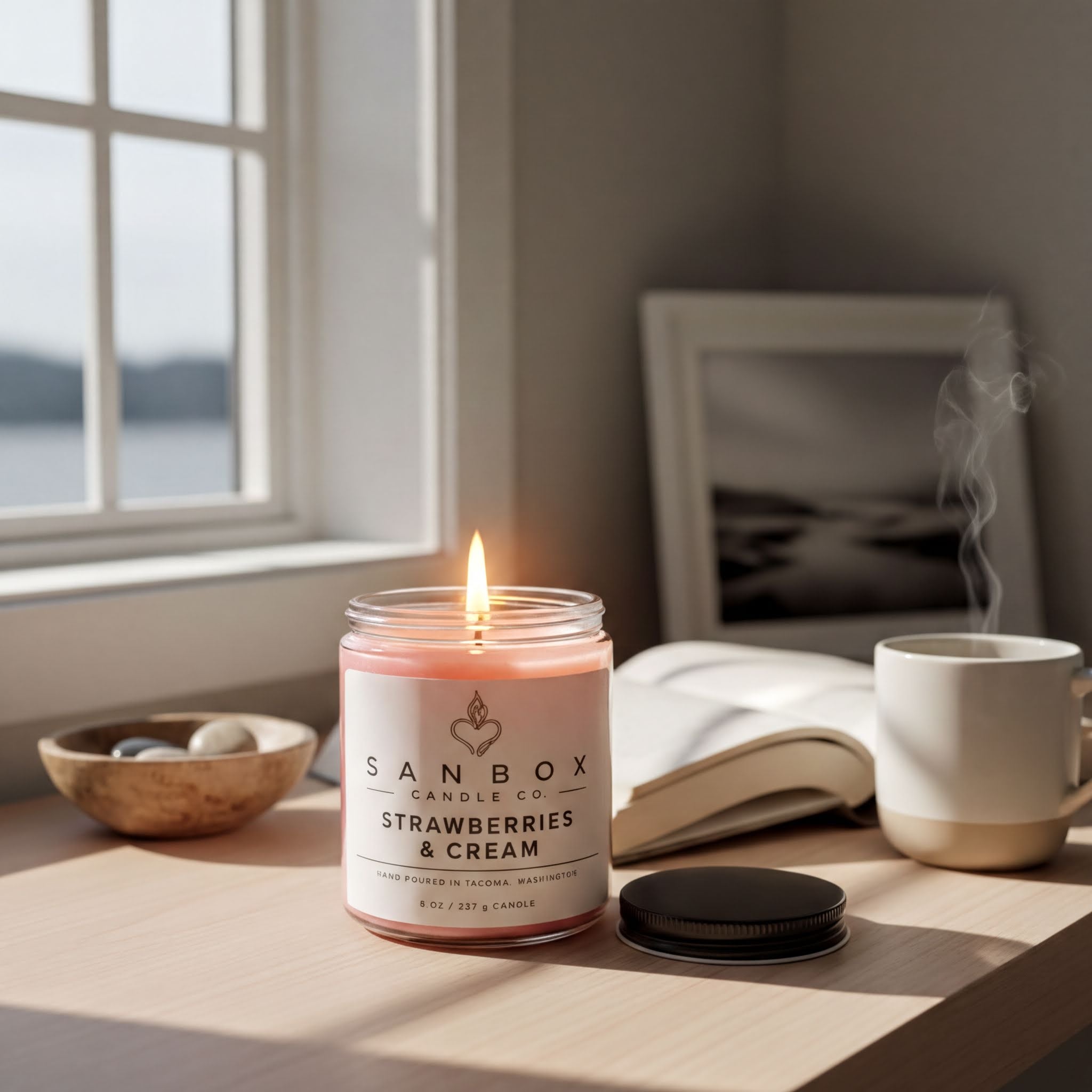 a lit candle in a jar, a white mug, and a book on a wooden table, with a scenic view of a body of water visible through a window.
