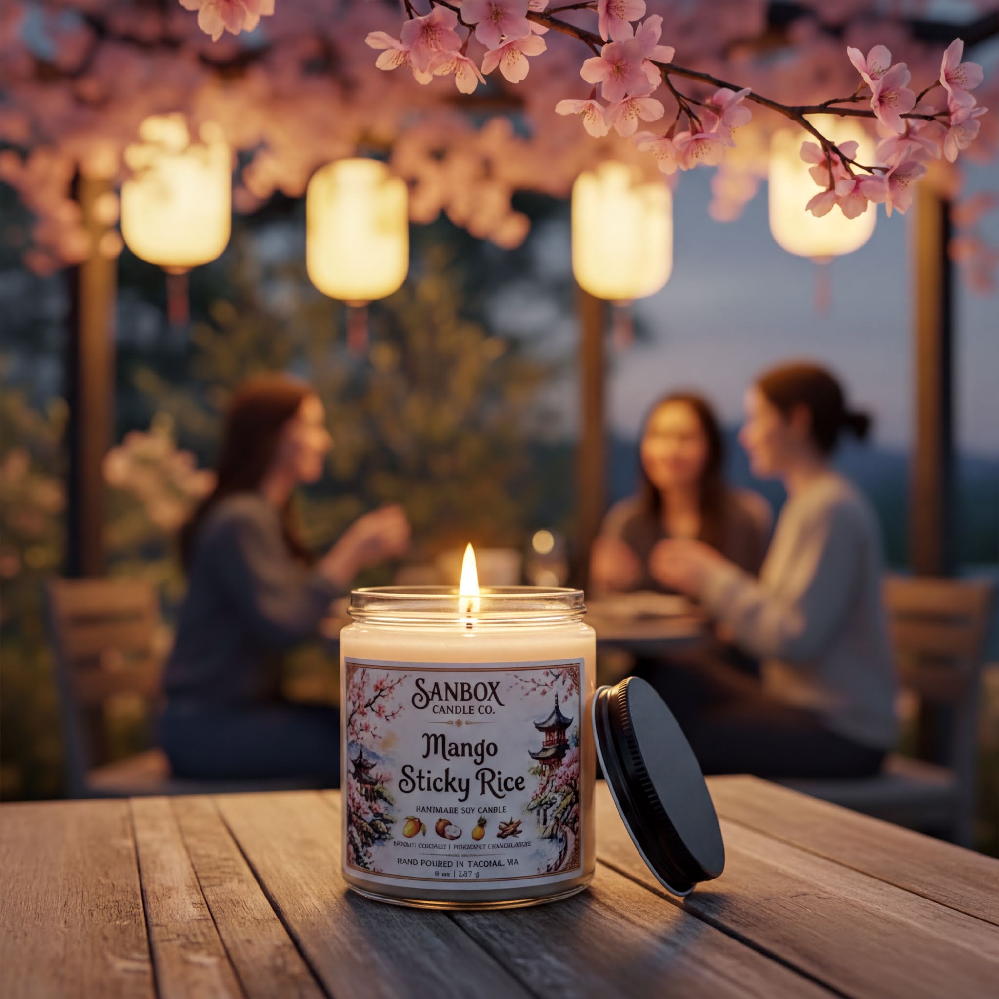 A lit candle labeled "Mango Sticky Rice" sits on a wooden table, surrounded by people in a garden setting with pink cherry blossoms in the background.