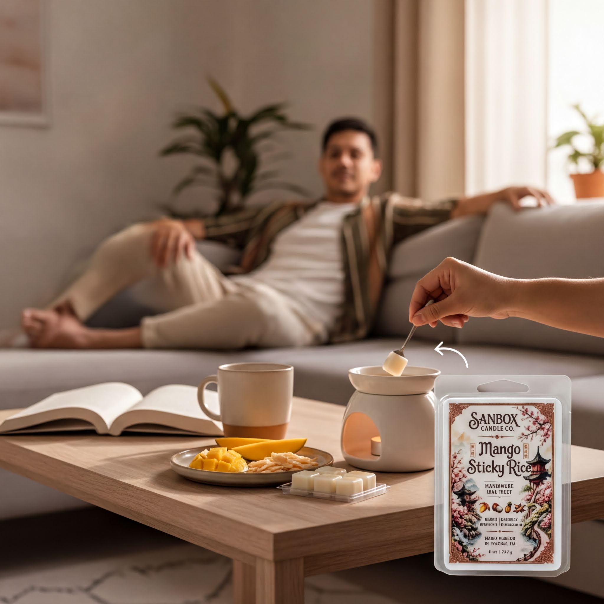 A person is sitting on a couch, while another person is holding a spoon over a white ceramic container with a candle in it. The table in front of them has a book, a coffee mug, and a plate of fruit.