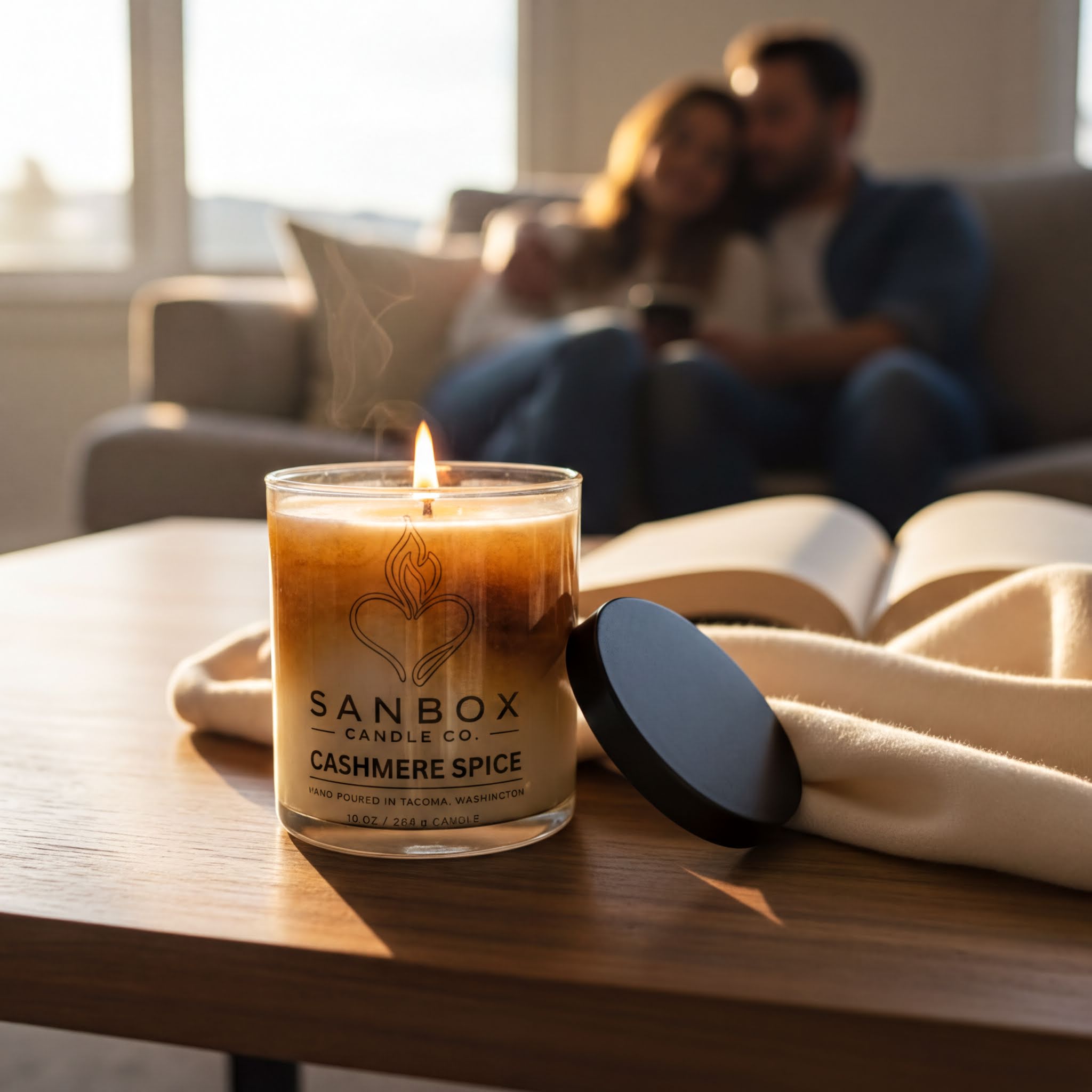 A lit candle in a glass container sits on a wooden table, with a couple sitting on a couch in the background.