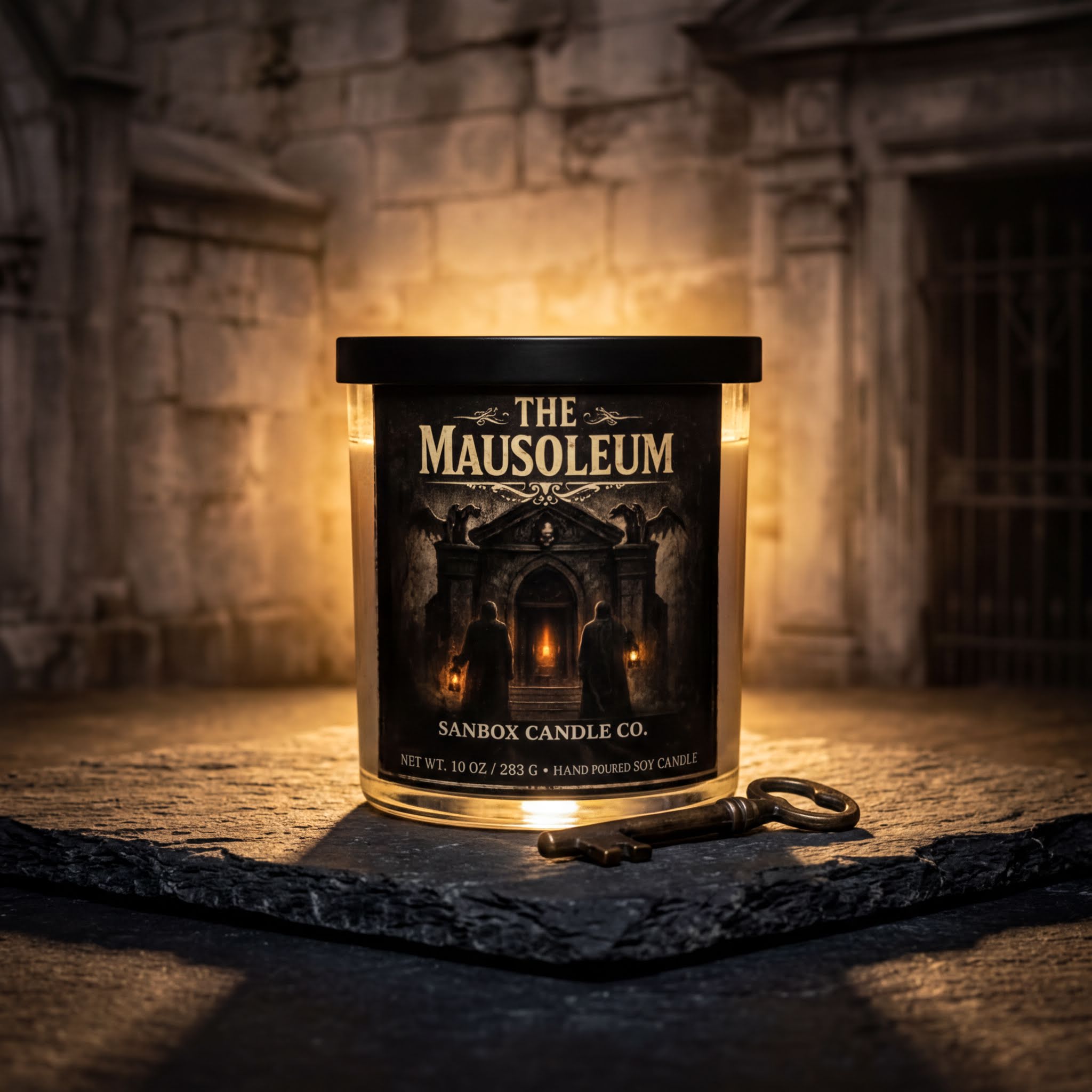 A candle labeled "The Mausoleum" sits on a stone surface, with a key and a stone wall in the background.