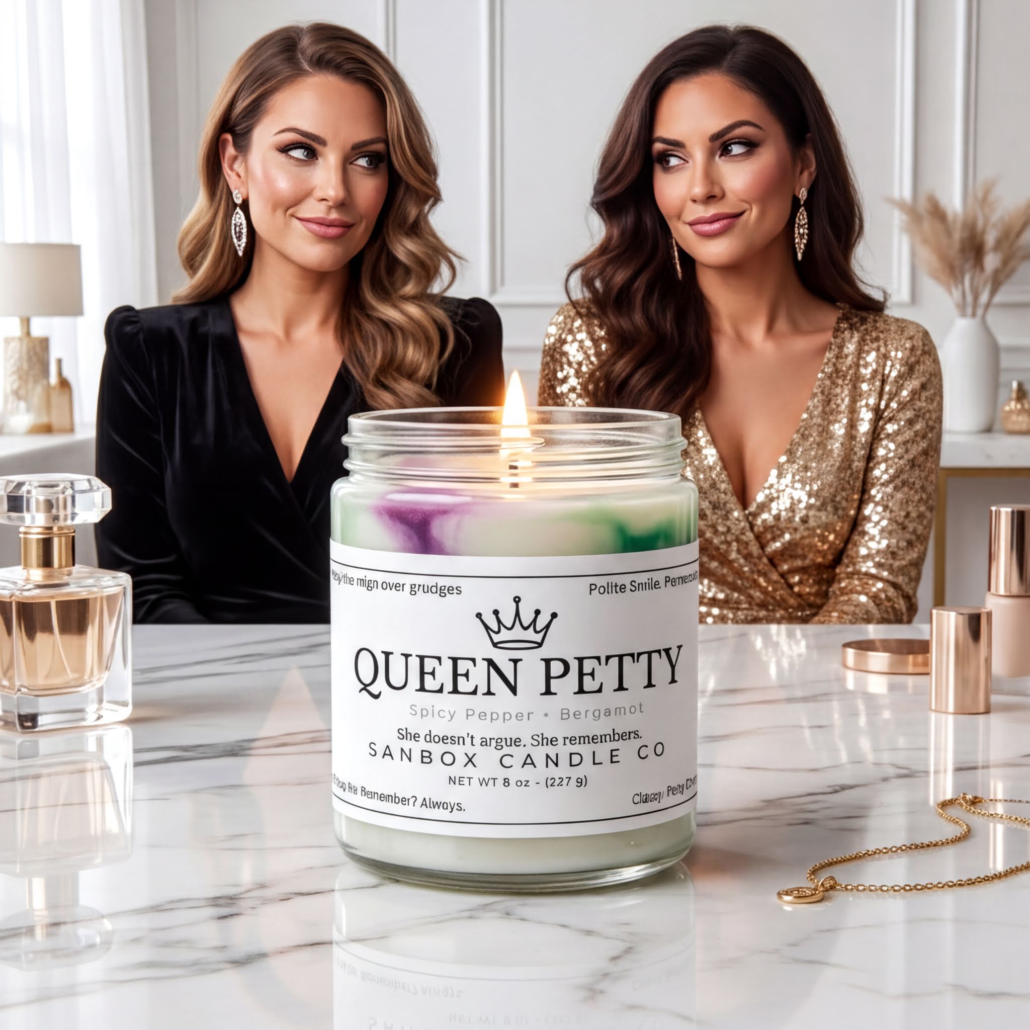 two women sitting at a table with a lit candle in the center. The candle has a label that reads "Queen Petty" and "Spicy Pepper + Bergamot". The women are dressed in formal attire, with one wearing a black dress and the other wearing a gold sequined dress. The table also has a bottle of perfume and a necklace.
