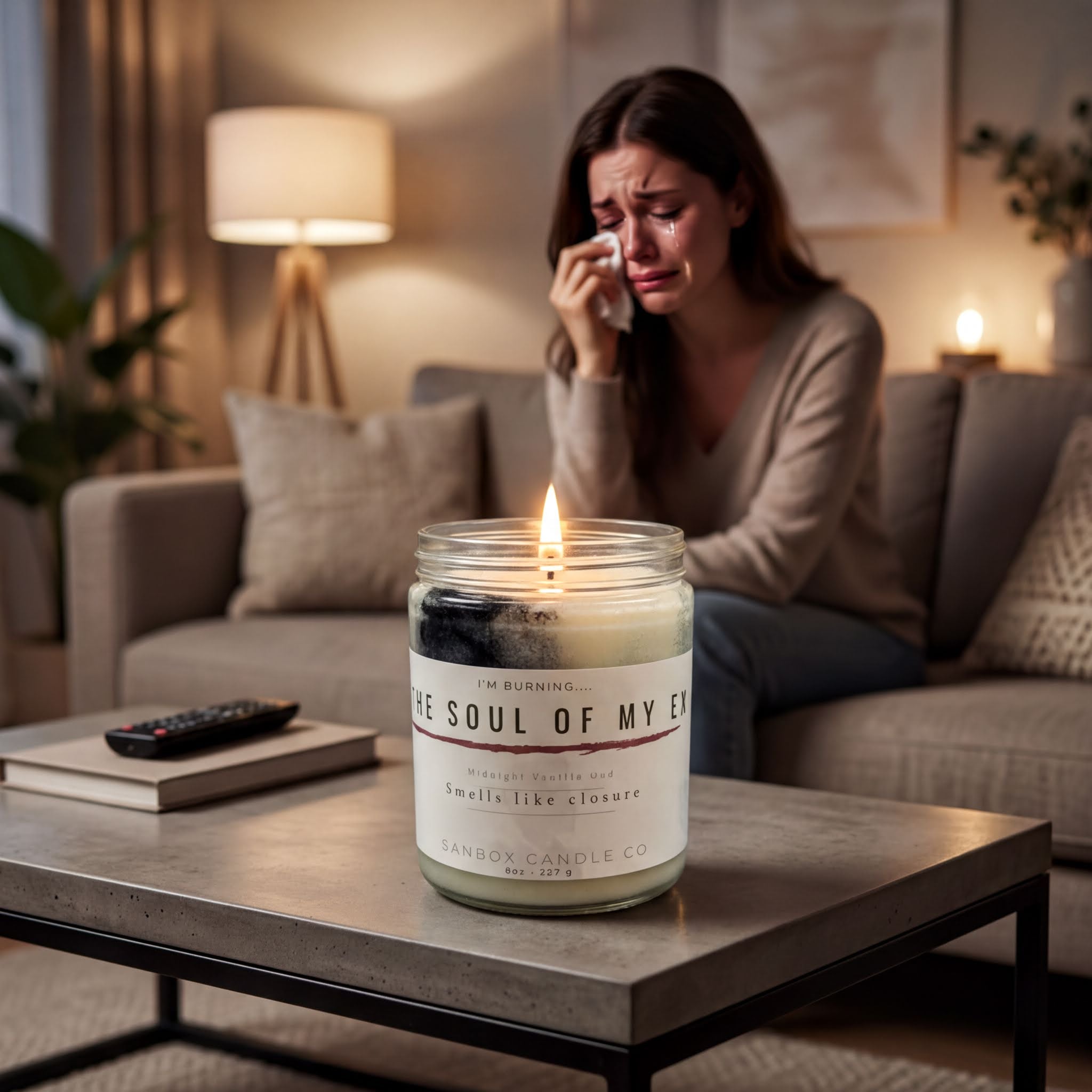 A woman sitting on a couch, crying, with a lit candle in front of her.