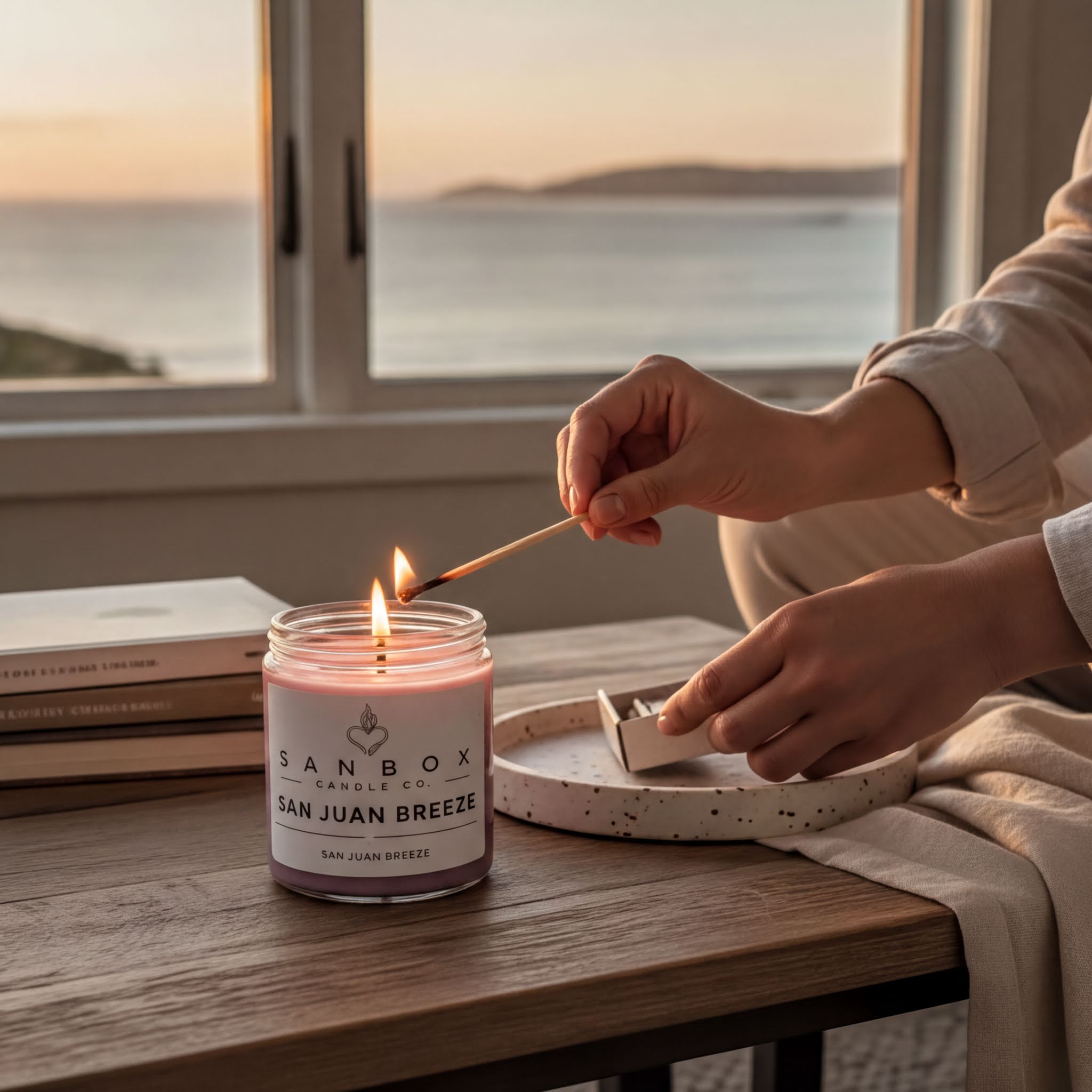 A person's hands lighting a candle on a wooden table, with a book and a plate nearby.