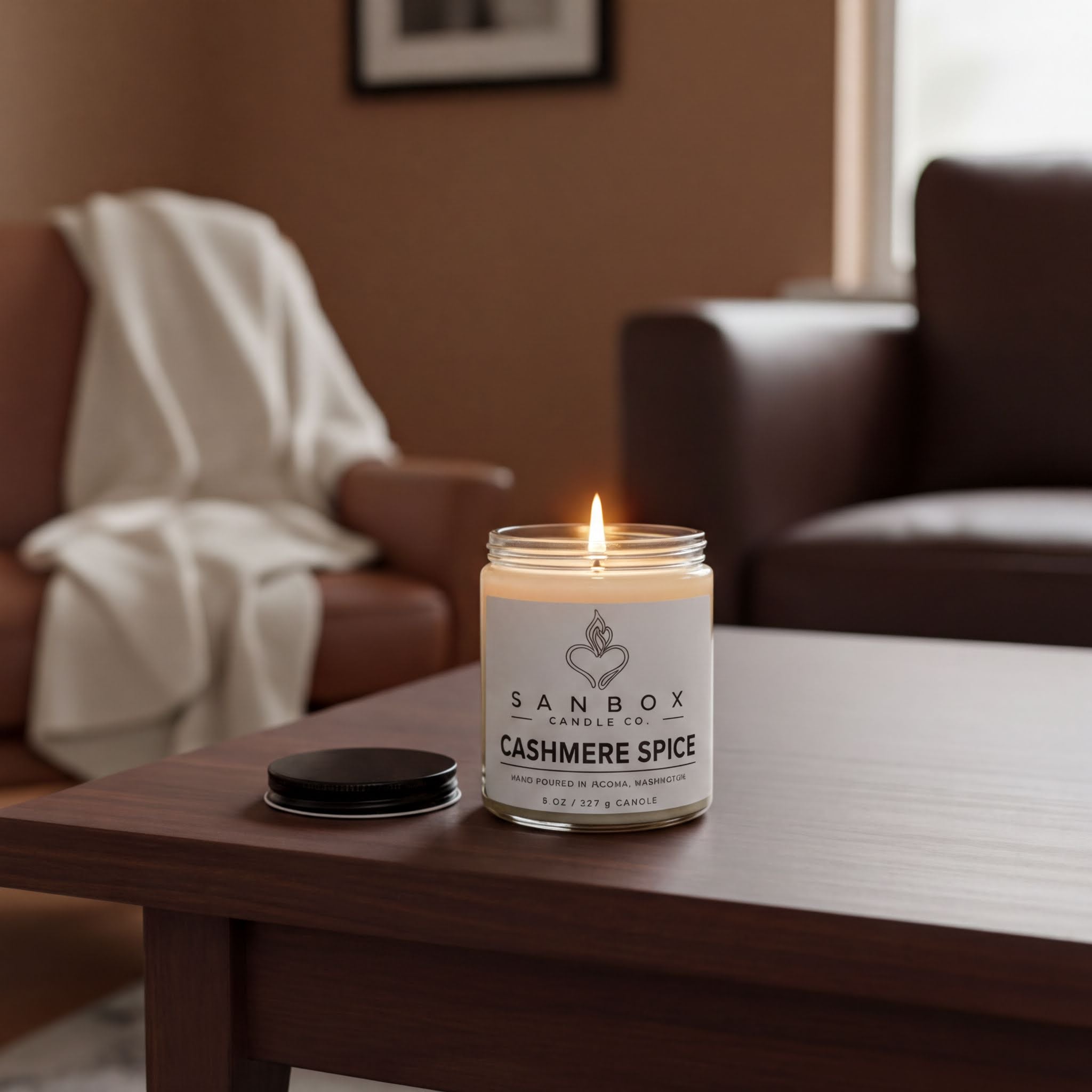A lit candle in a glass jar sits on a wooden table, with a brown leather couch and a framed picture in the background.