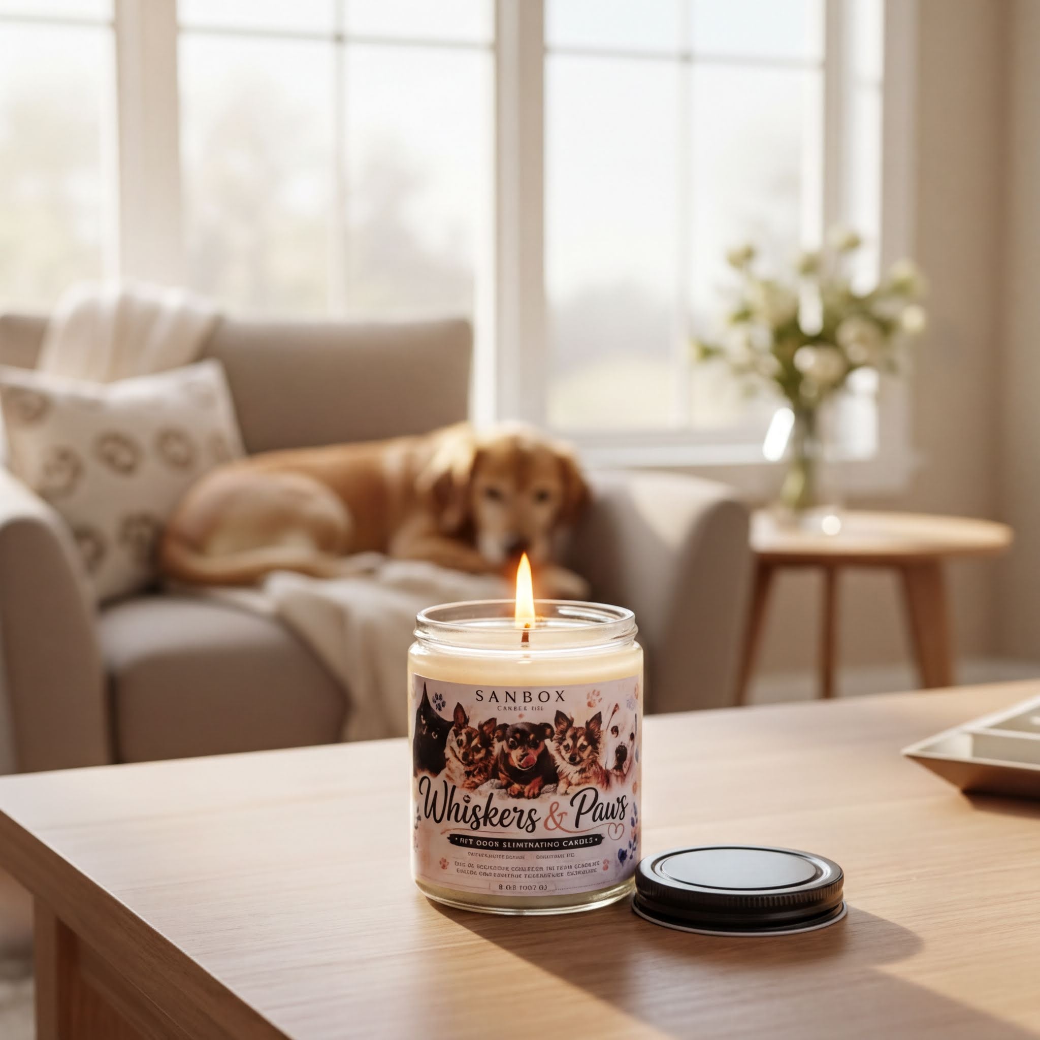 A lit candle in a jar labeled "Whiskers & Paws" sits on a wooden table, with a dog resting on a couch in the background.