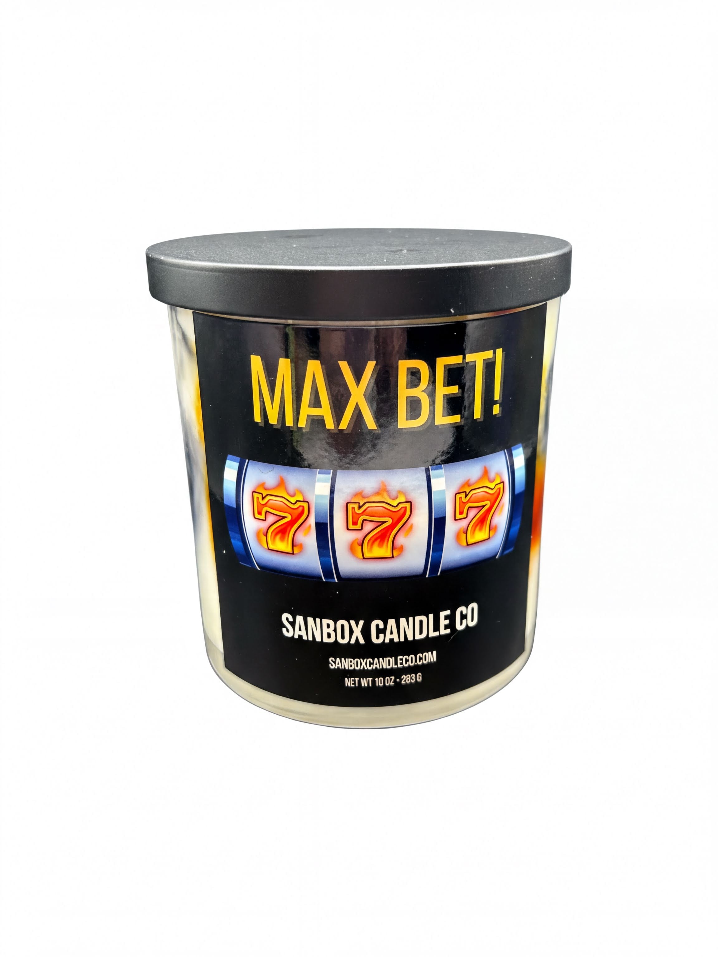 A cylindrical container with a black lid, featuring a label that says "MAX BET!" and has a graphic of a slot machine with three sevens.