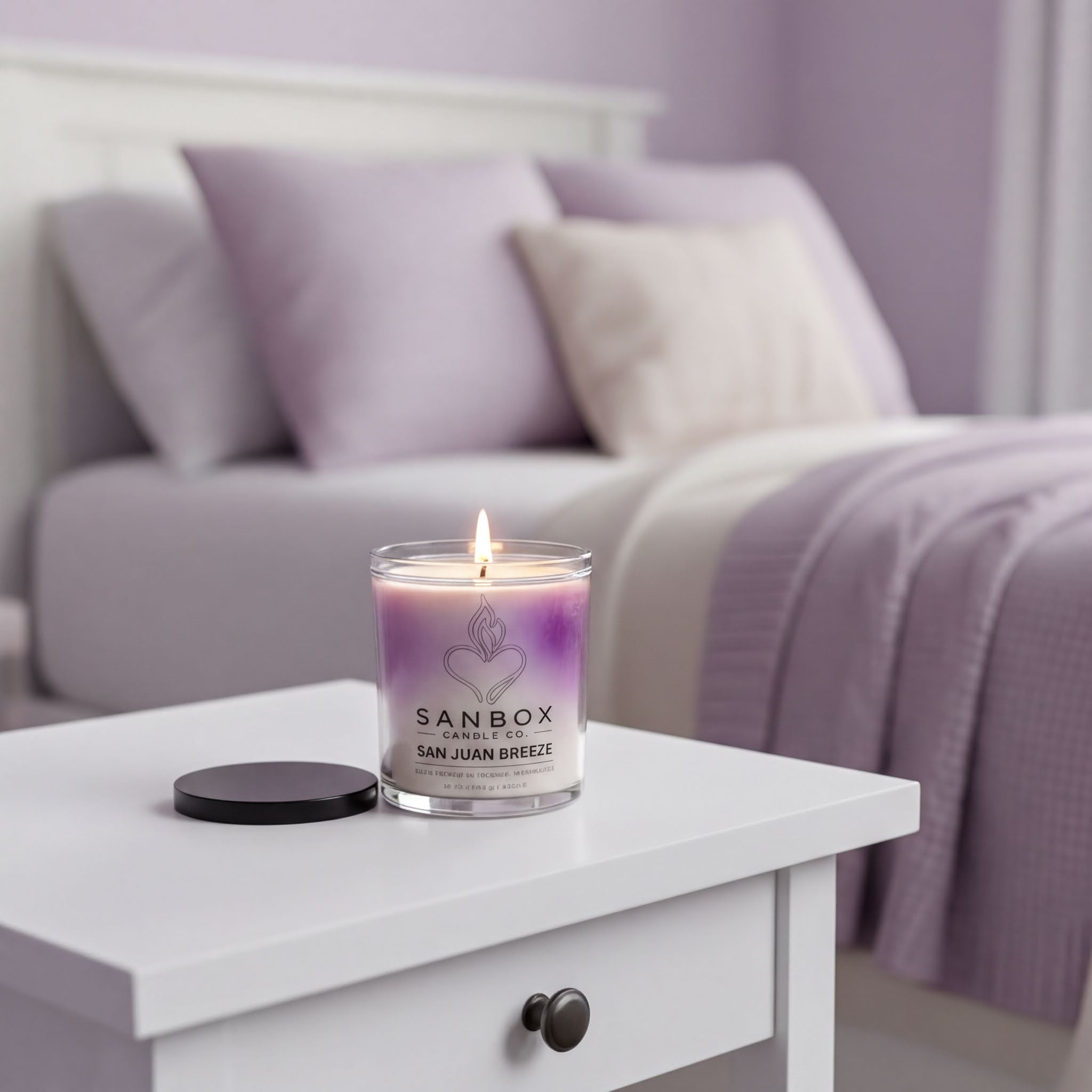 A lit candle in a glass jar sits on a white nightstand in a bedroom with purple bedding and pillows.