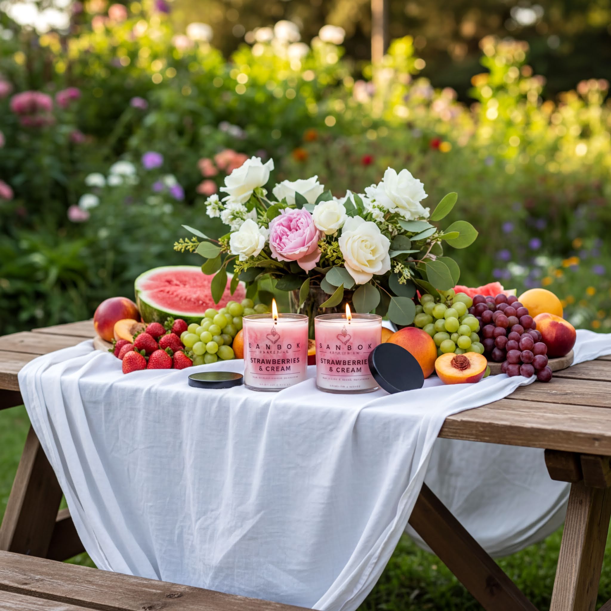a table set with a variety of fruits, flowers, and candles, creating a vibrant and inviting outdoor setting.