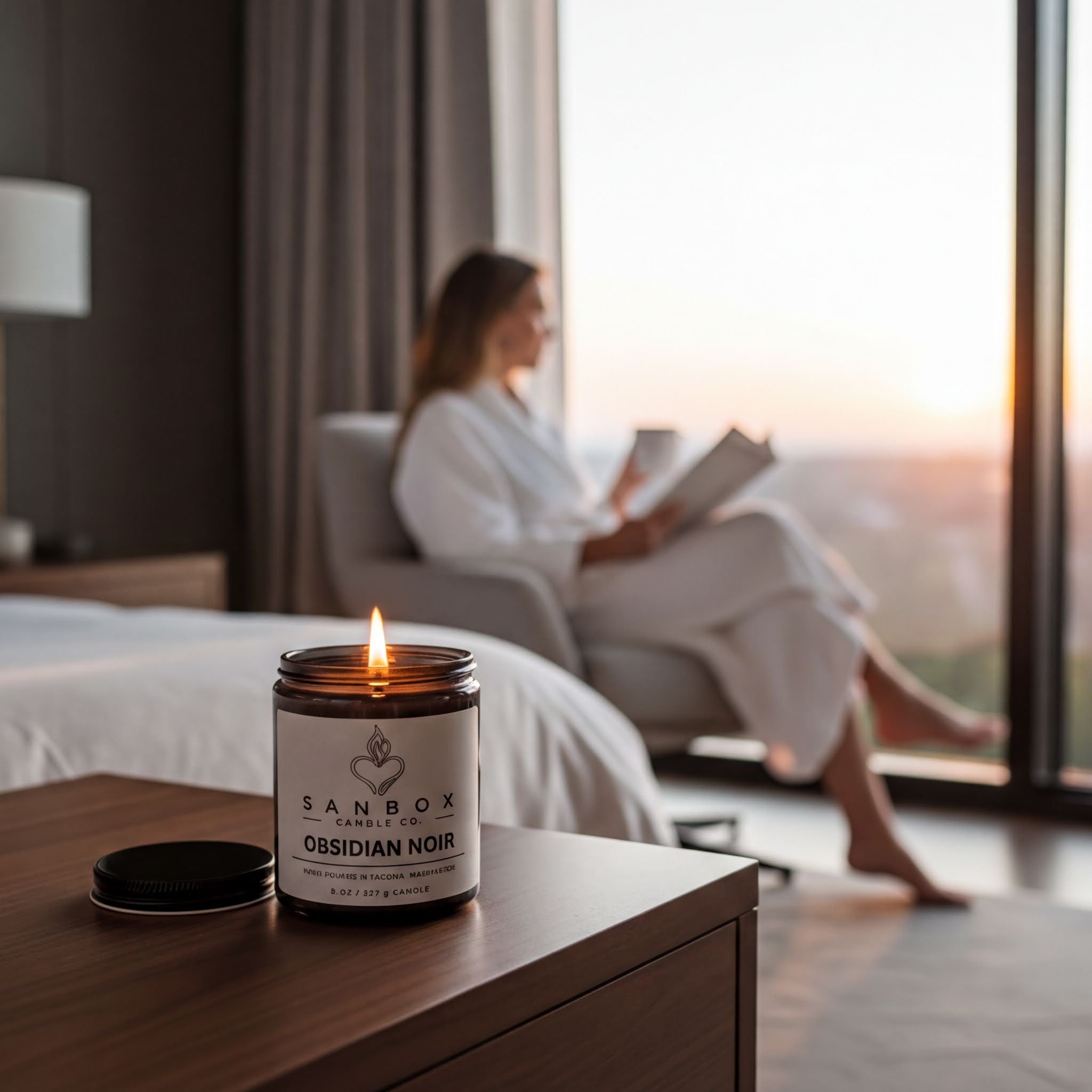 a lit candle on a wooden table, with a person sitting in a chair and reading a book in the background.