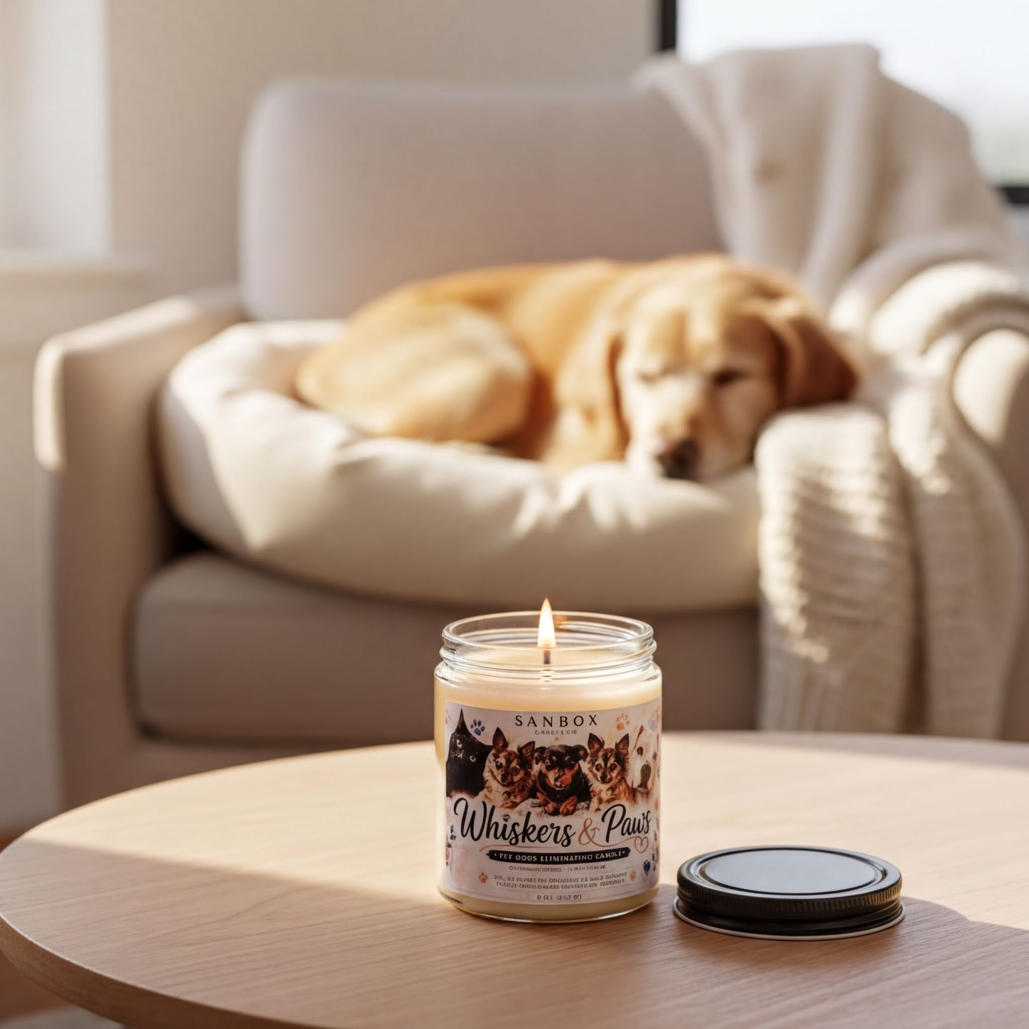 A candle labeled "Whiskers & Paws" sits on a wooden table, with a dog sleeping in a white bed in the background.