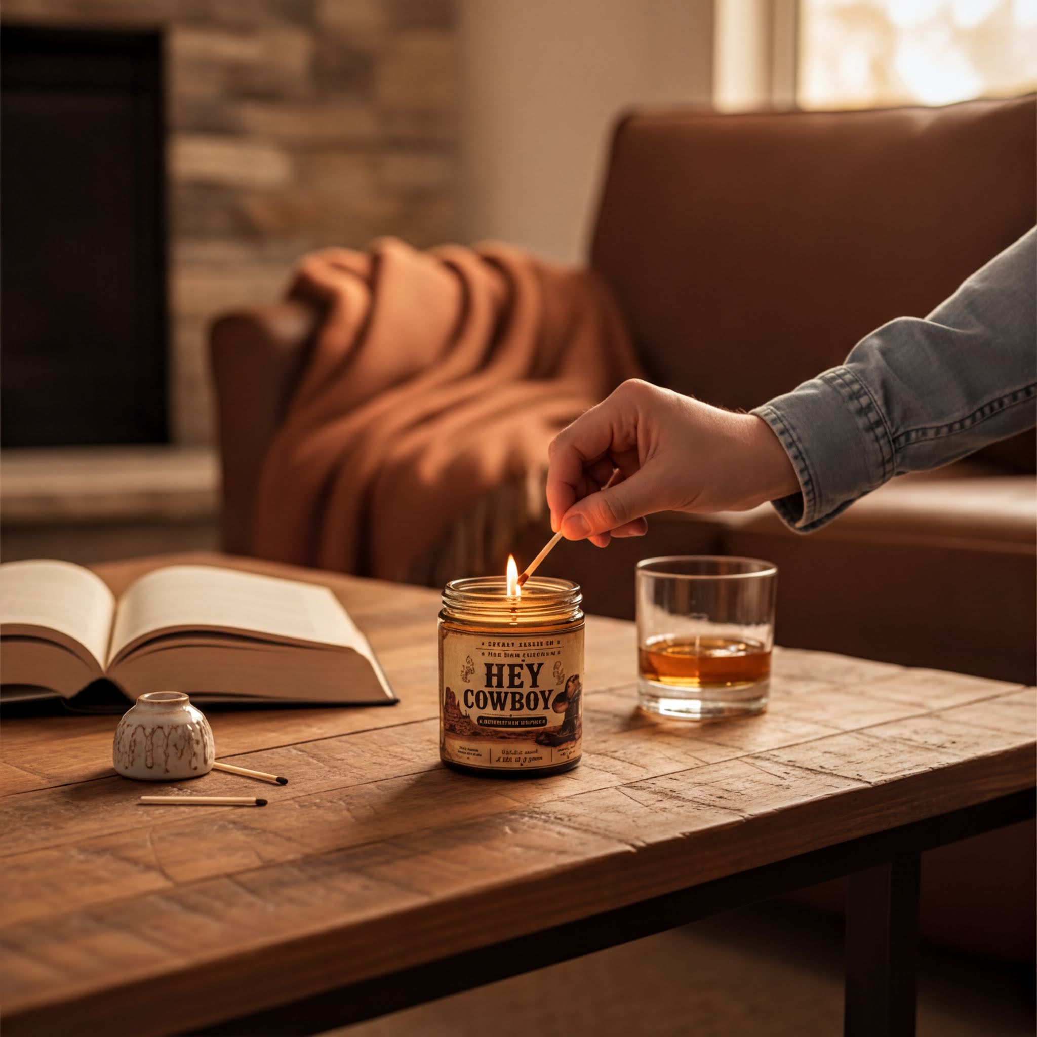 A hand is lighting a candle on a wooden table, with a glass of amber liquid and an open book nearby.