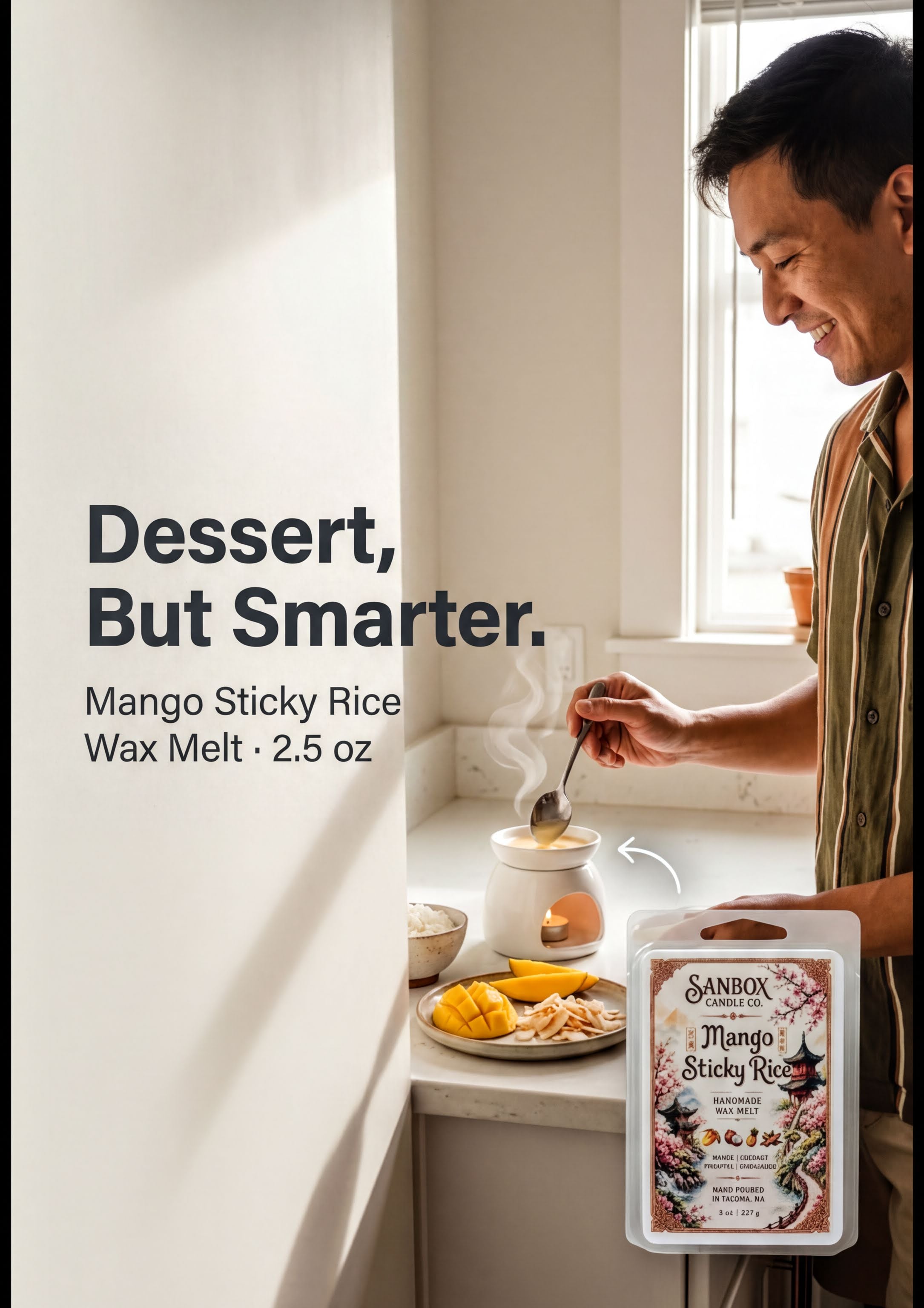 A man is preparing a dessert using a mango sticky rice wax melt, which is a 2.5 oz product from Sanbox.