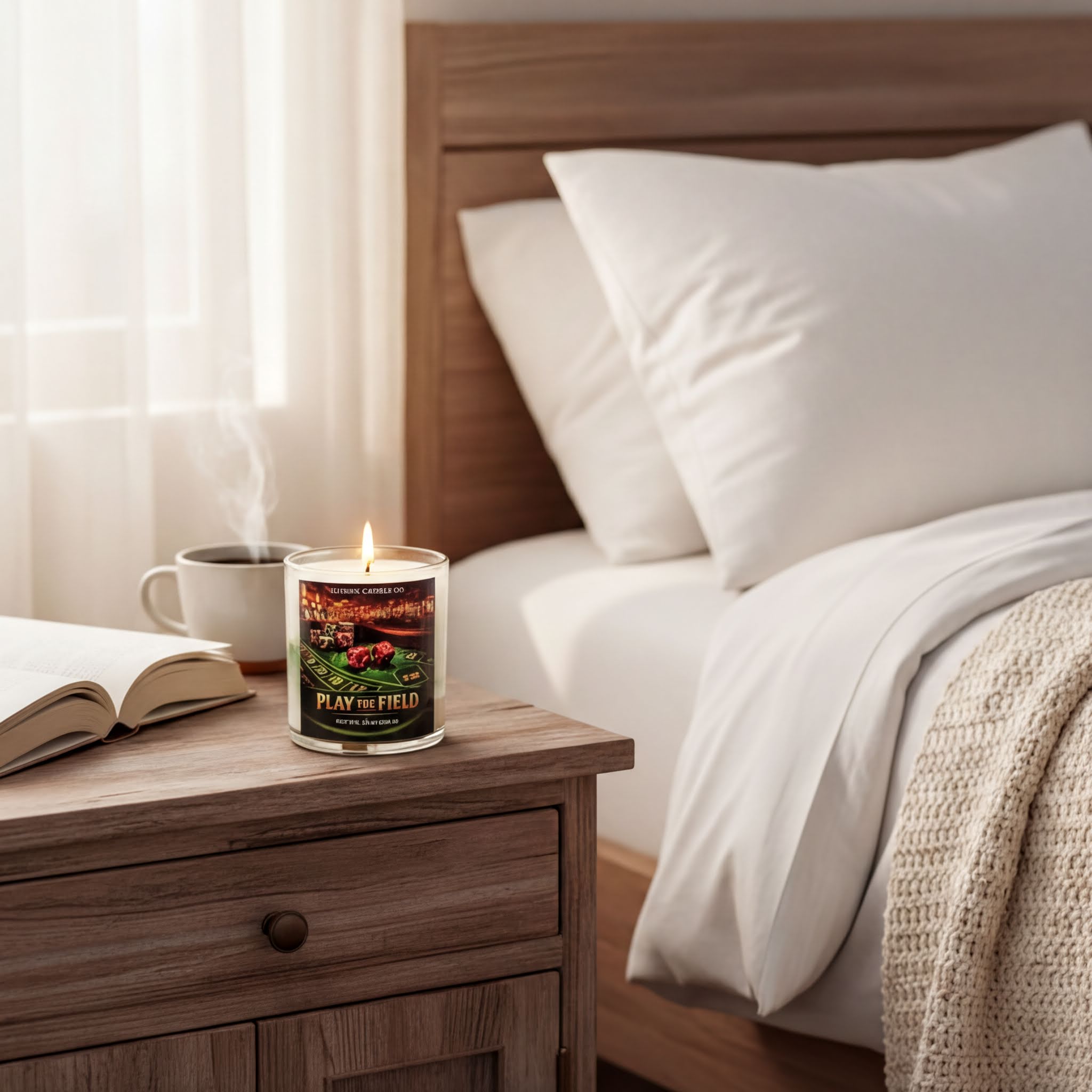 A lit candle on a wooden nightstand next to a book and a mug, with a cozy-looking bed and pillows in the background.