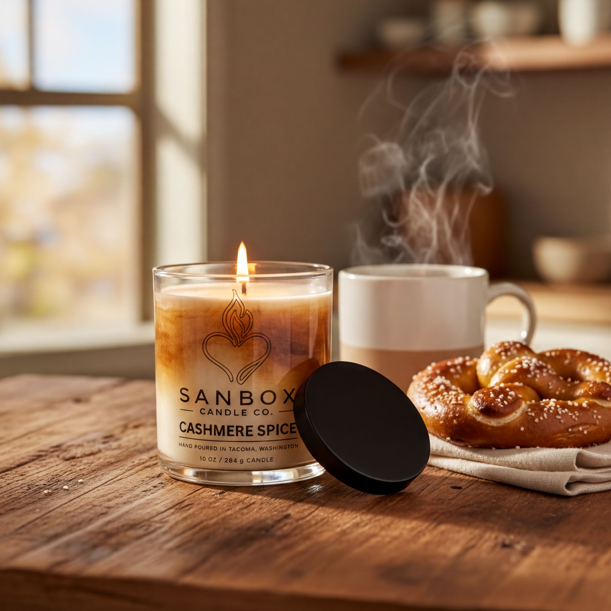 A lit candle in a glass jar labeled "SANBOX CASHMERE SPICE" sits on a wooden table, with steam rising from the candle. Next to the candle is a mug of coffee, and a pretzel is also present on the table.