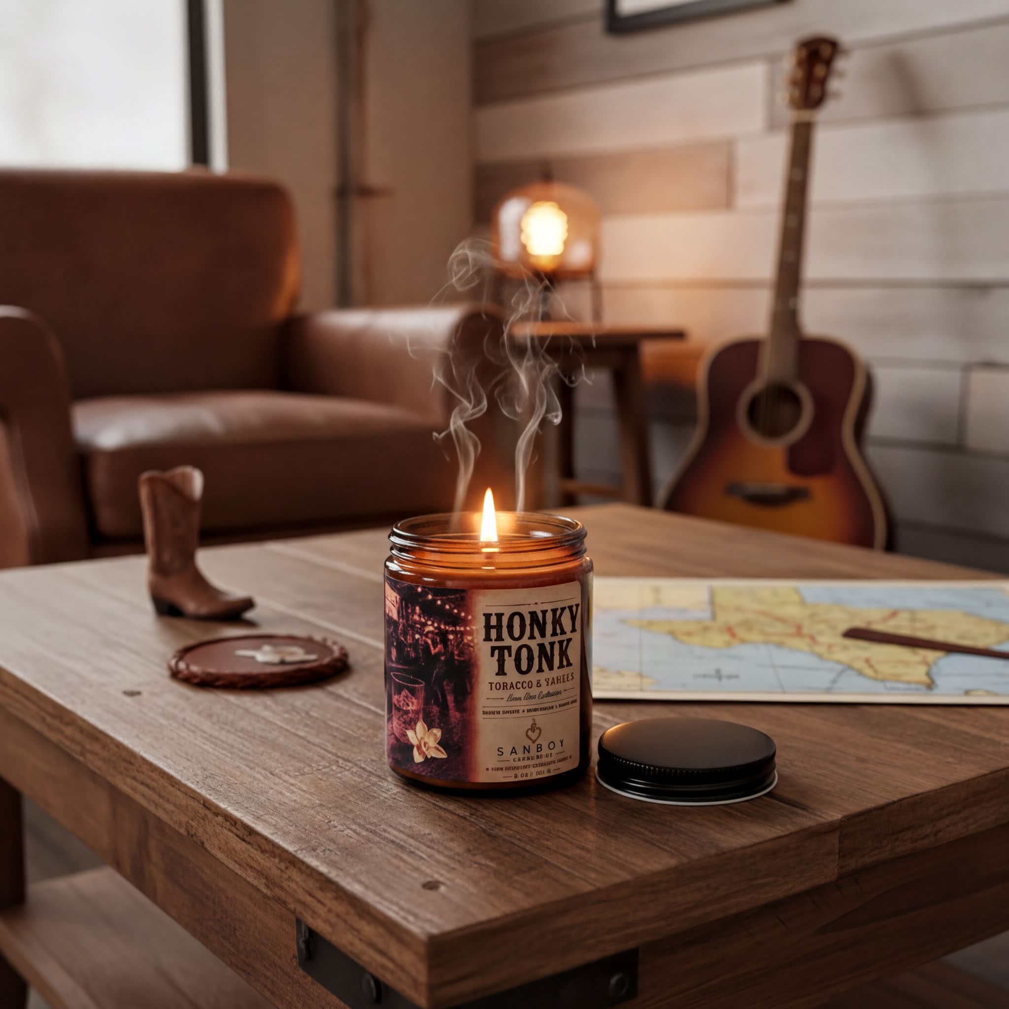 A lit candle labeled "HONKY TONK" sits on a wooden table, with a map and a guitar visible in the background.