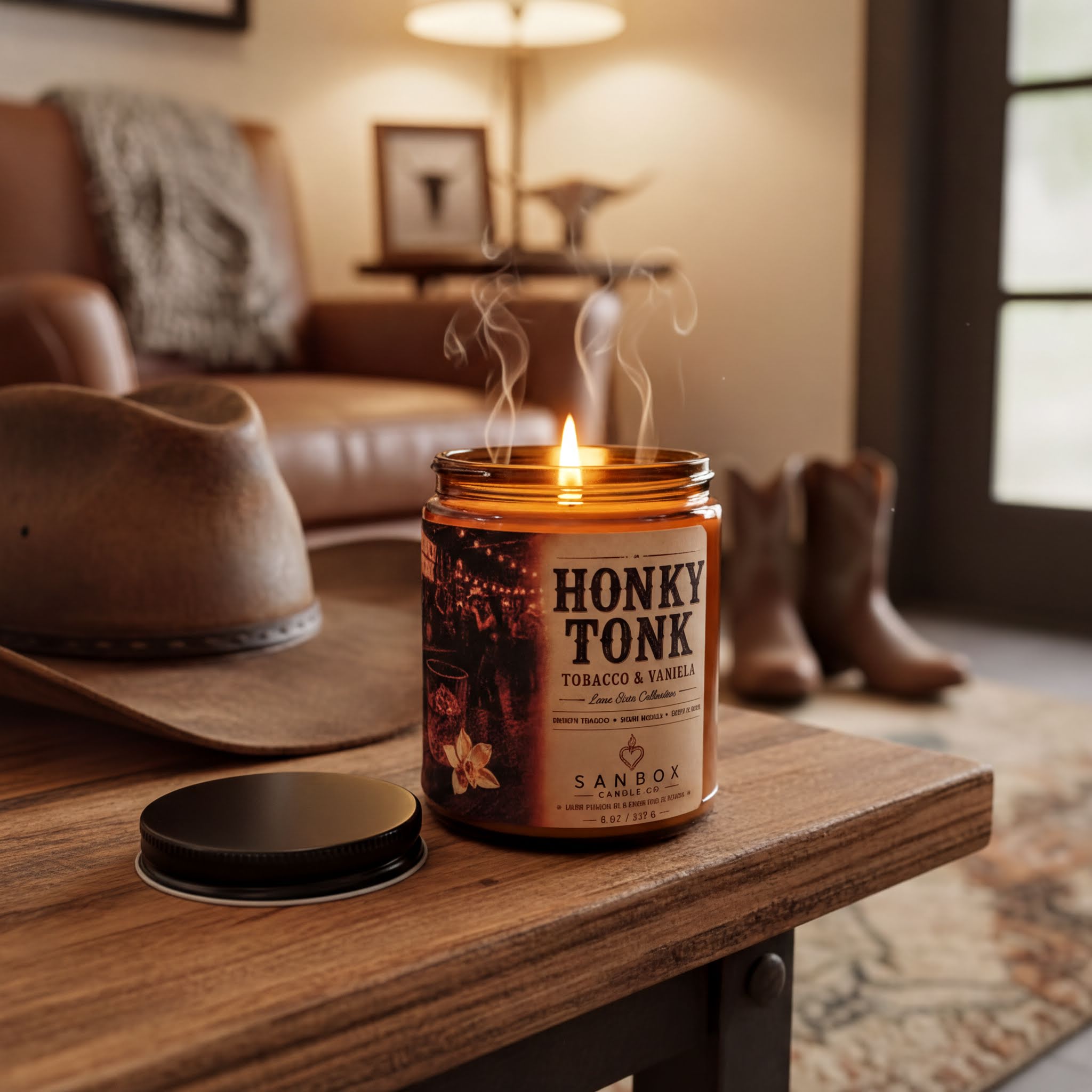 a lit candle on a wooden table, with a pair of cowboy boots and a hat visible in the background.
