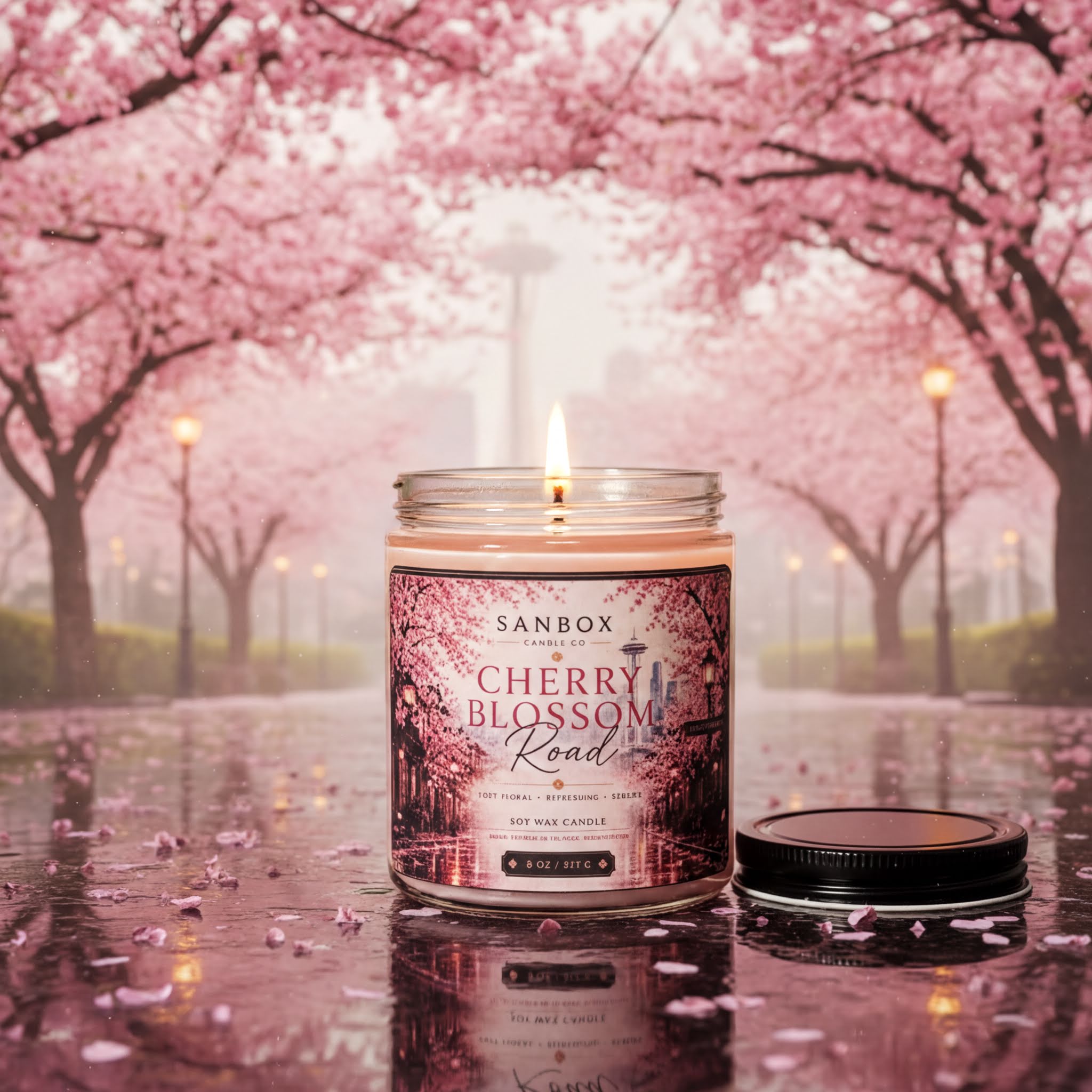 A lit candle in a jar with a cherry blossom image, surrounded by cherry blossom petals, against a background of cherry blossoms and a foggy cityscape.