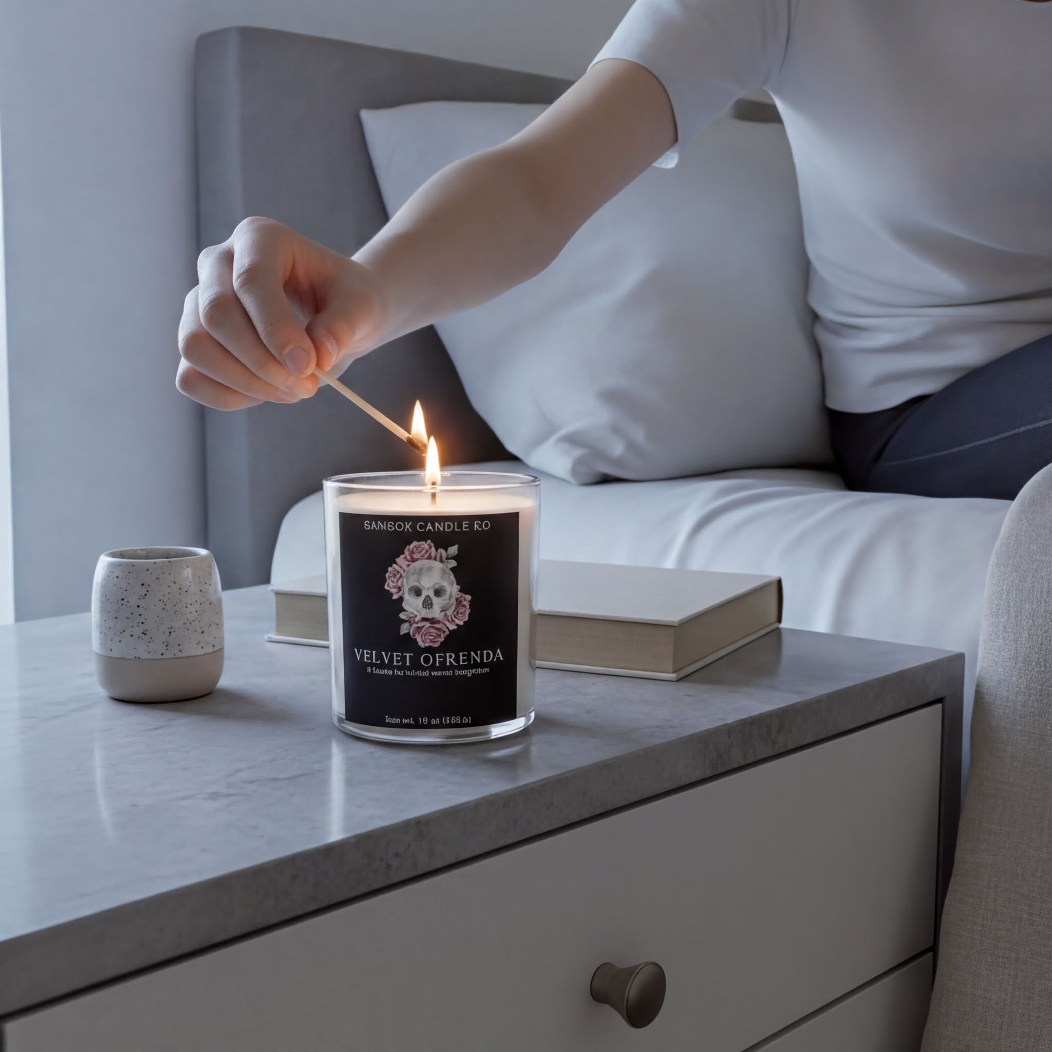 A person lighting a candle on a nightstand next to a book and a small ceramic container.