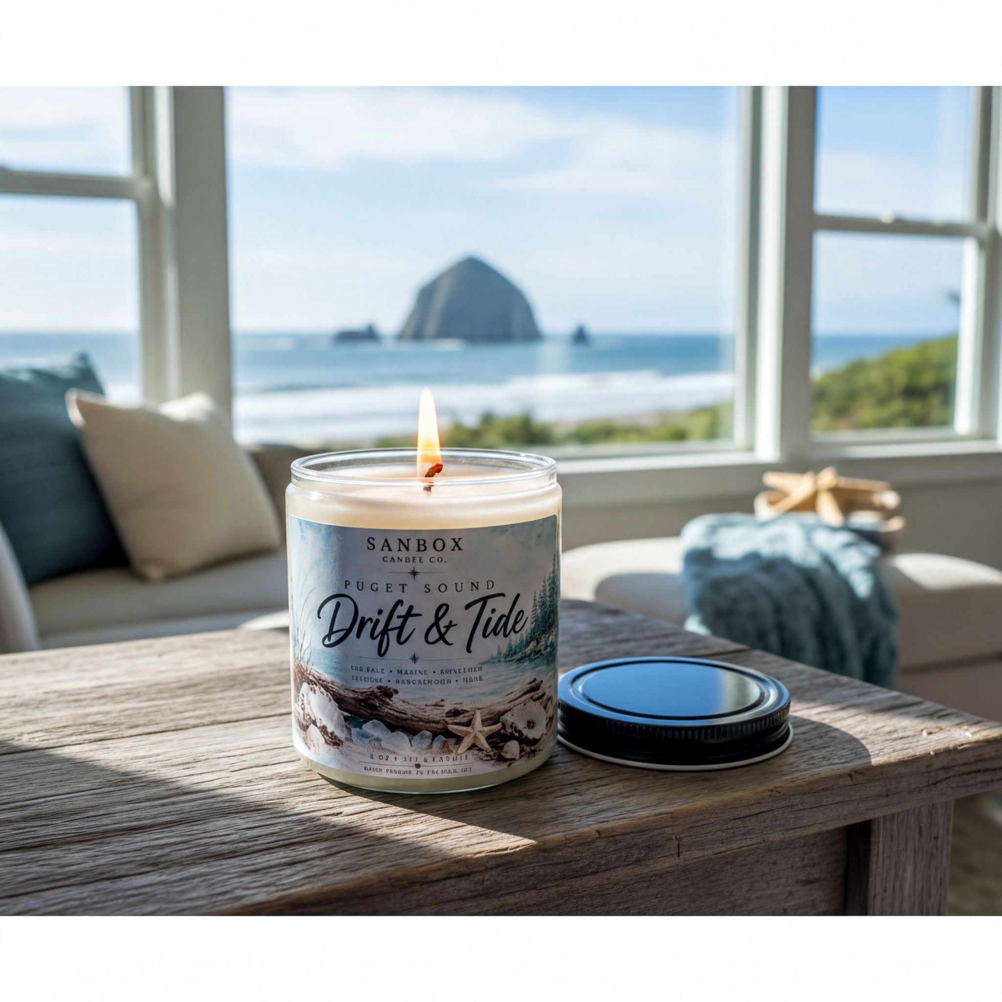 A lit candle labeled "Drift & Tide" sits on a wooden table, with a view of the ocean and a large rock formation visible through a window in the background.