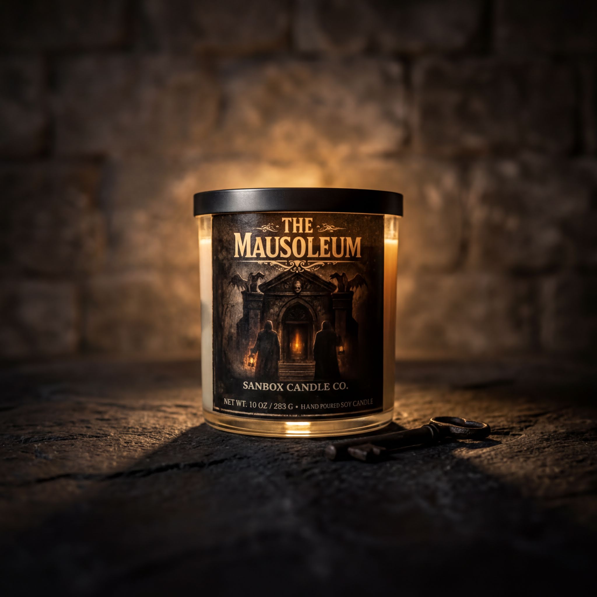 A candle labeled "The Mausoleum" sits on a dark surface, with a brick wall in the background.