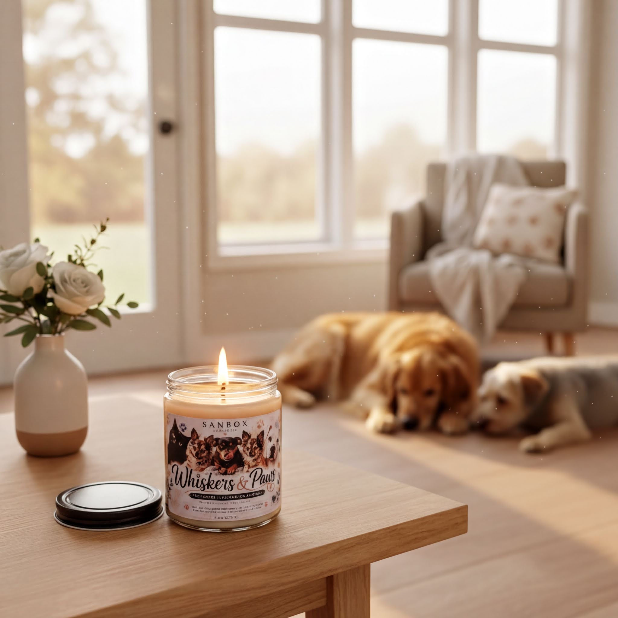 A lit candle labeled "Whiskers & Paws" sits on a wooden table, with two dogs resting on the floor in the background.