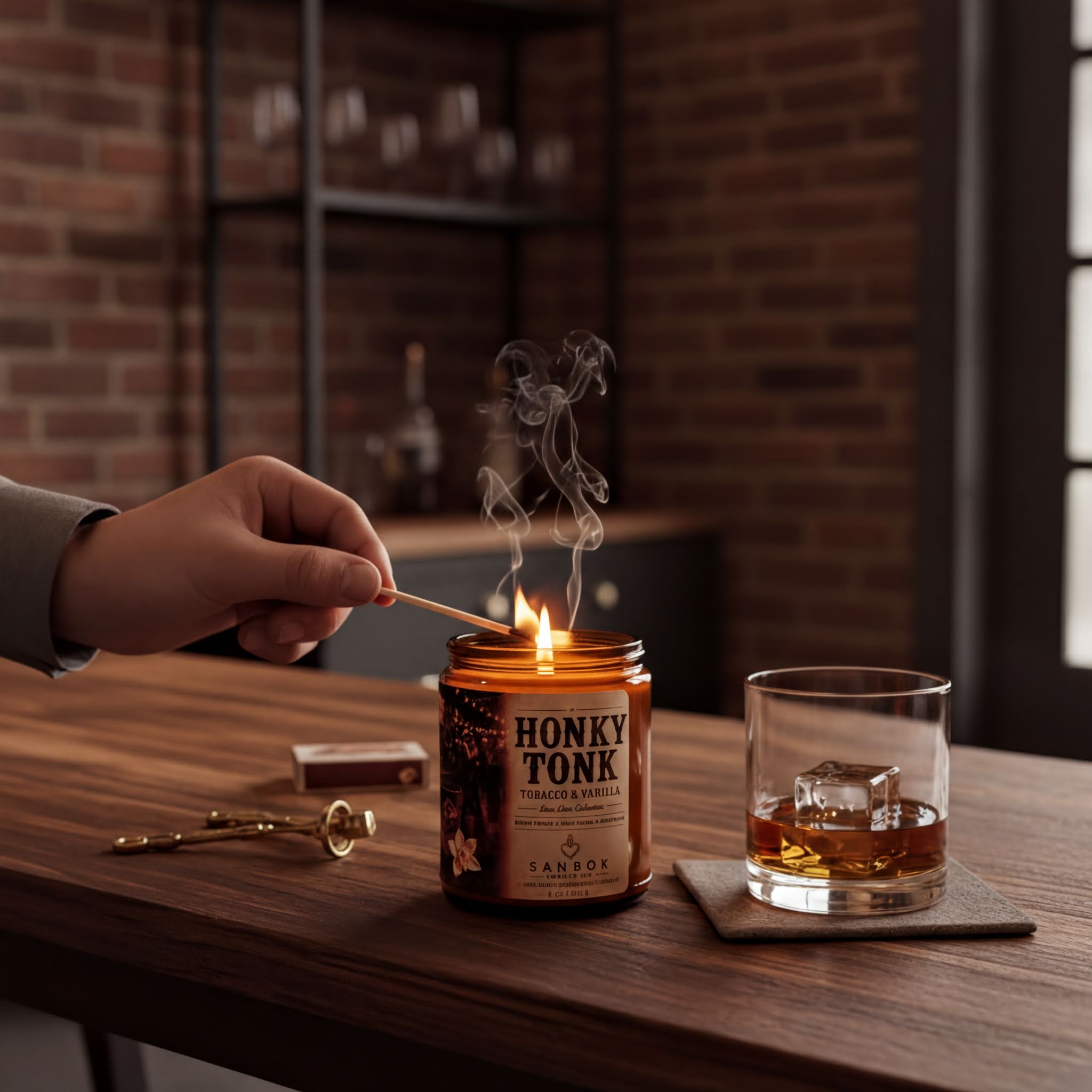 A hand lighting a candle on a wooden table, with a glass of amber-colored liquid and a matchbox nearby.