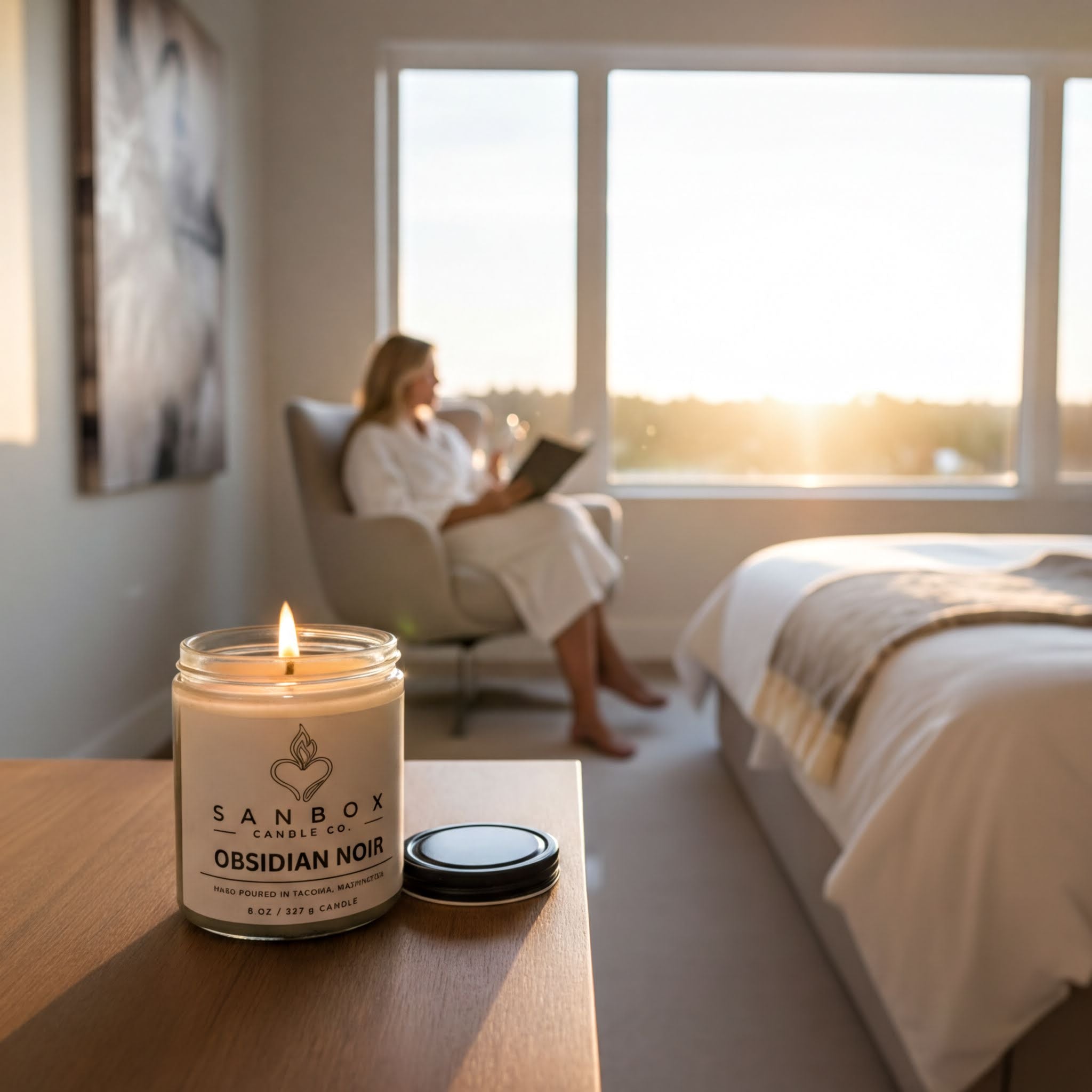 a bedroom scene with a lit candle on a wooden table in the foreground, and a person sitting in a chair in the background, reading a book.