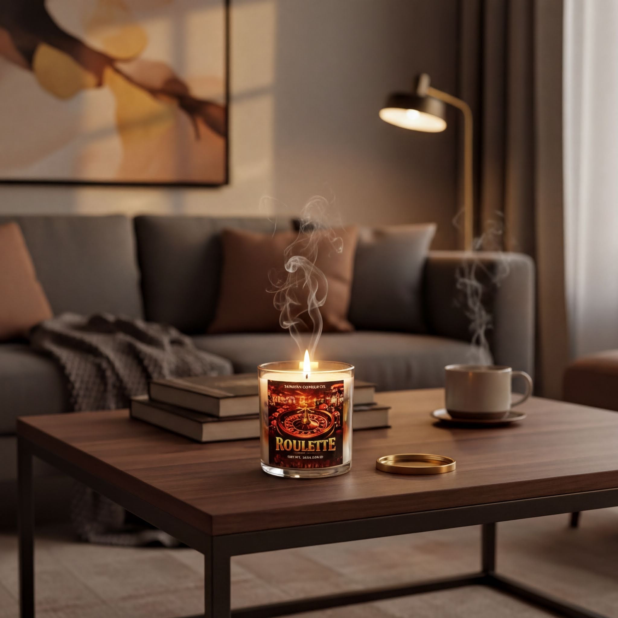 a cozy living room scene with a lit candle on a wooden coffee table, a mug of hot beverage, and a stack of books.
