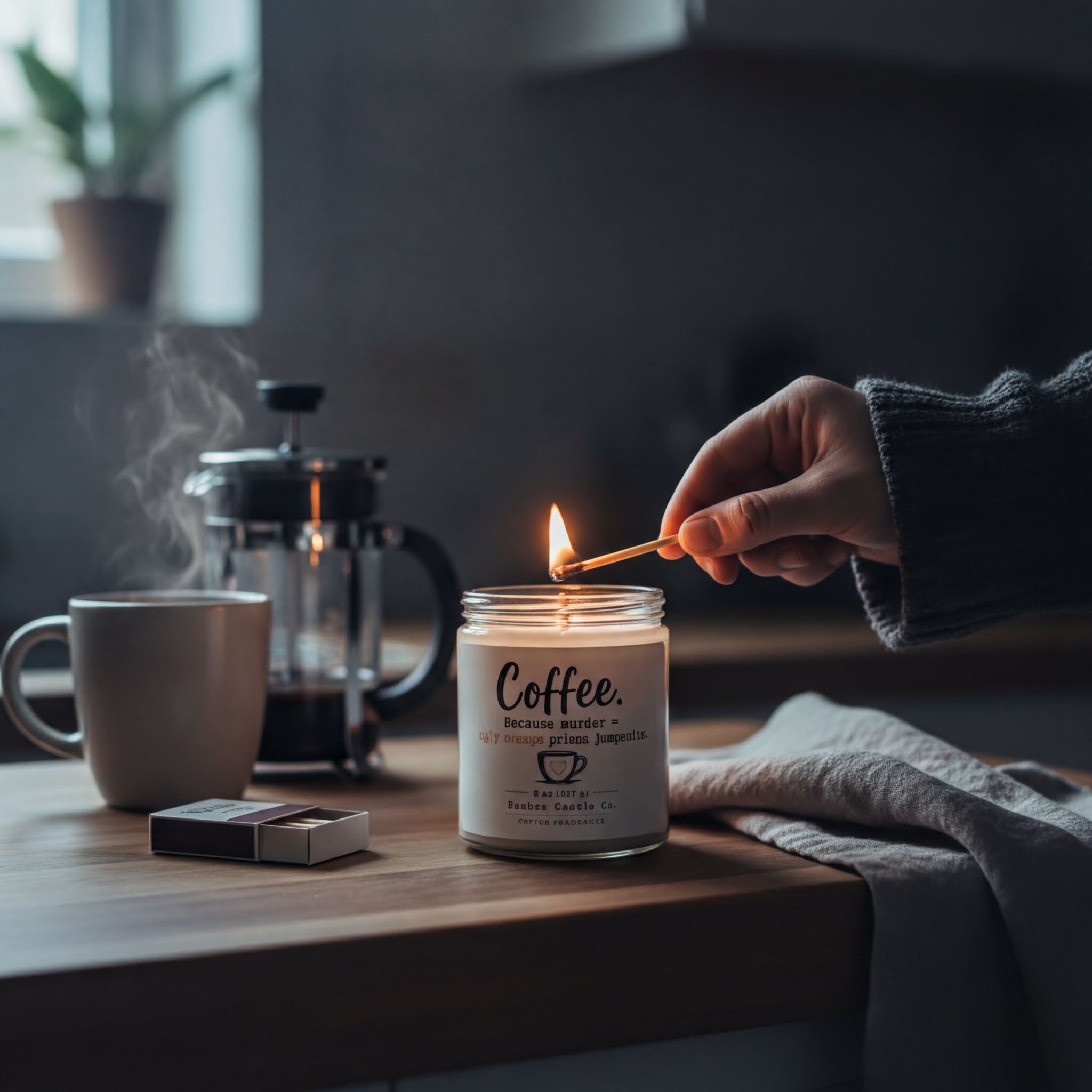 A hand is lighting a candle on a wooden table, with a coffee mug and a French press visible in the background.