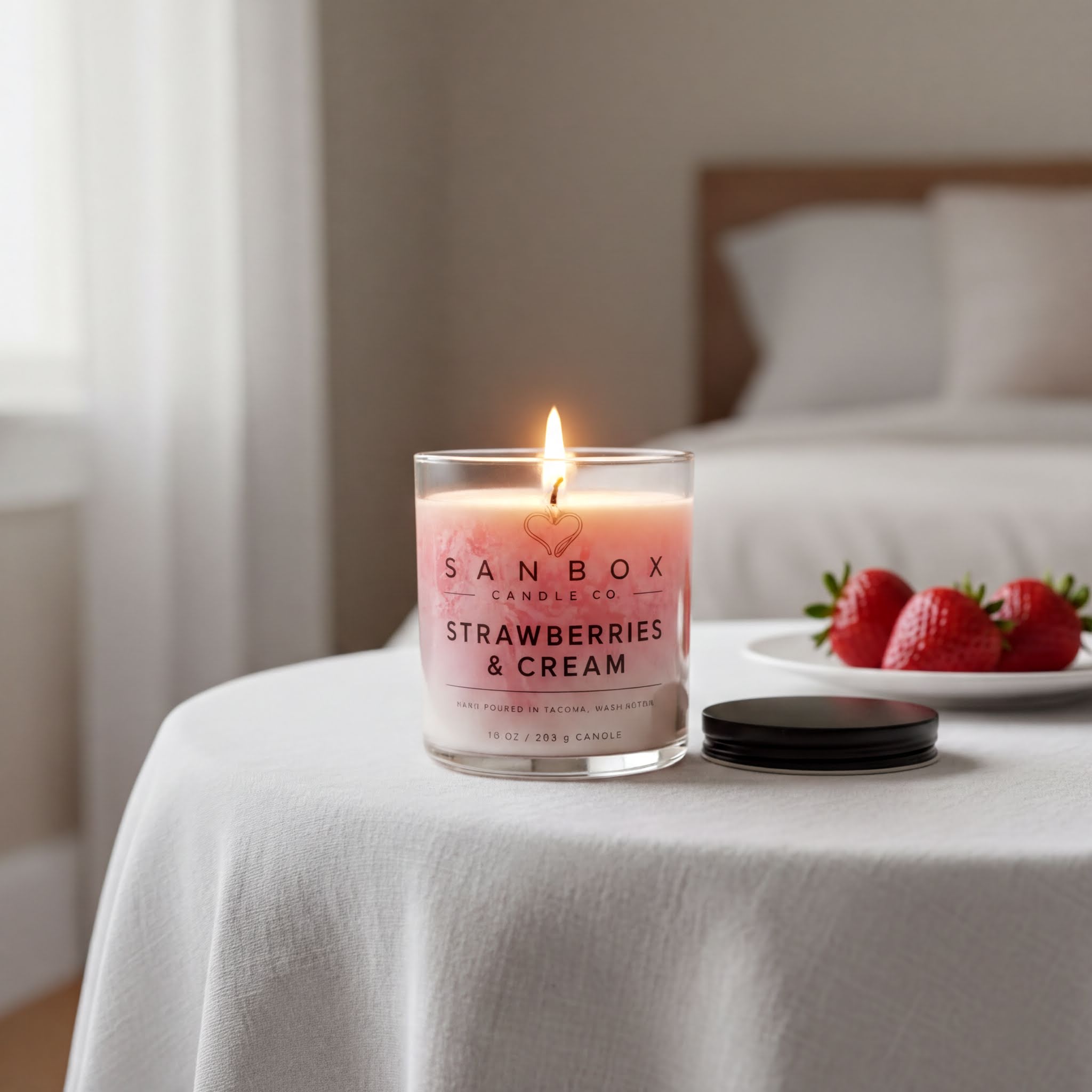 A lit candle in a glass container labeled "SANBOX CANDLE CO STRAWBERRIES & CREAM" sits on a white tablecloth, with a plate of fresh strawberries nearby.