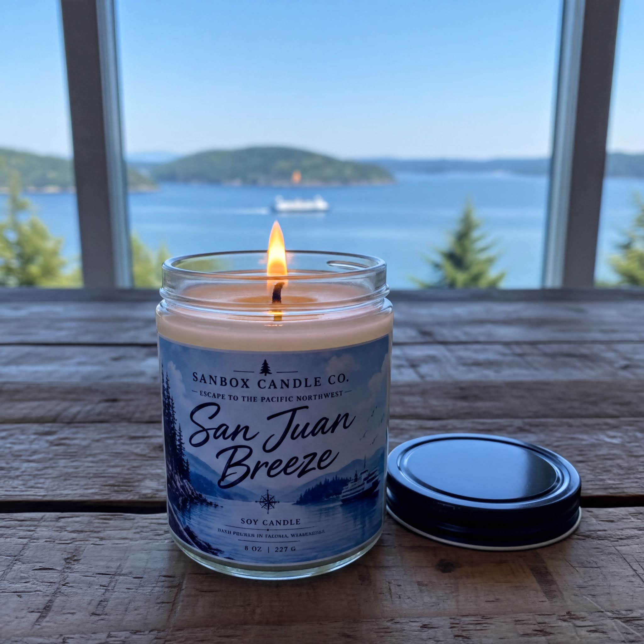 A lit candle in a jar sits on a wooden surface, with a scenic view of a body of water and a boat visible through a window in the background.