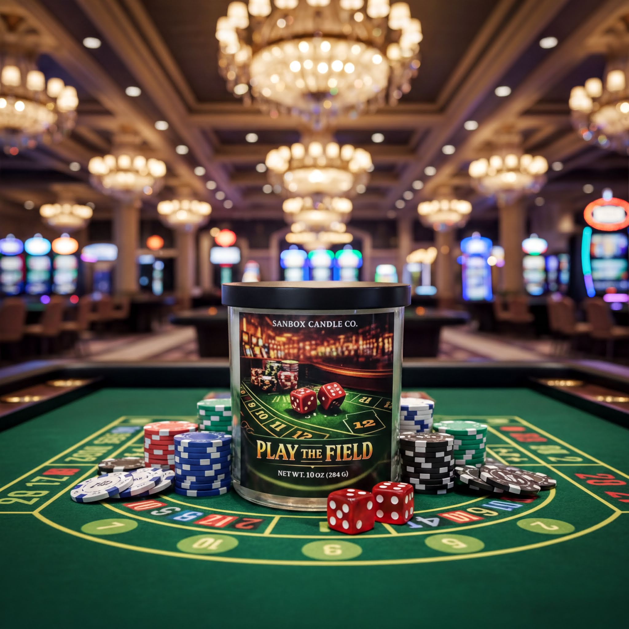 A casino-themed candle labeled "Play the Field" sits on a roulette table surrounded by poker chips and dice, with a blurred background of slot machines and chandeliers.