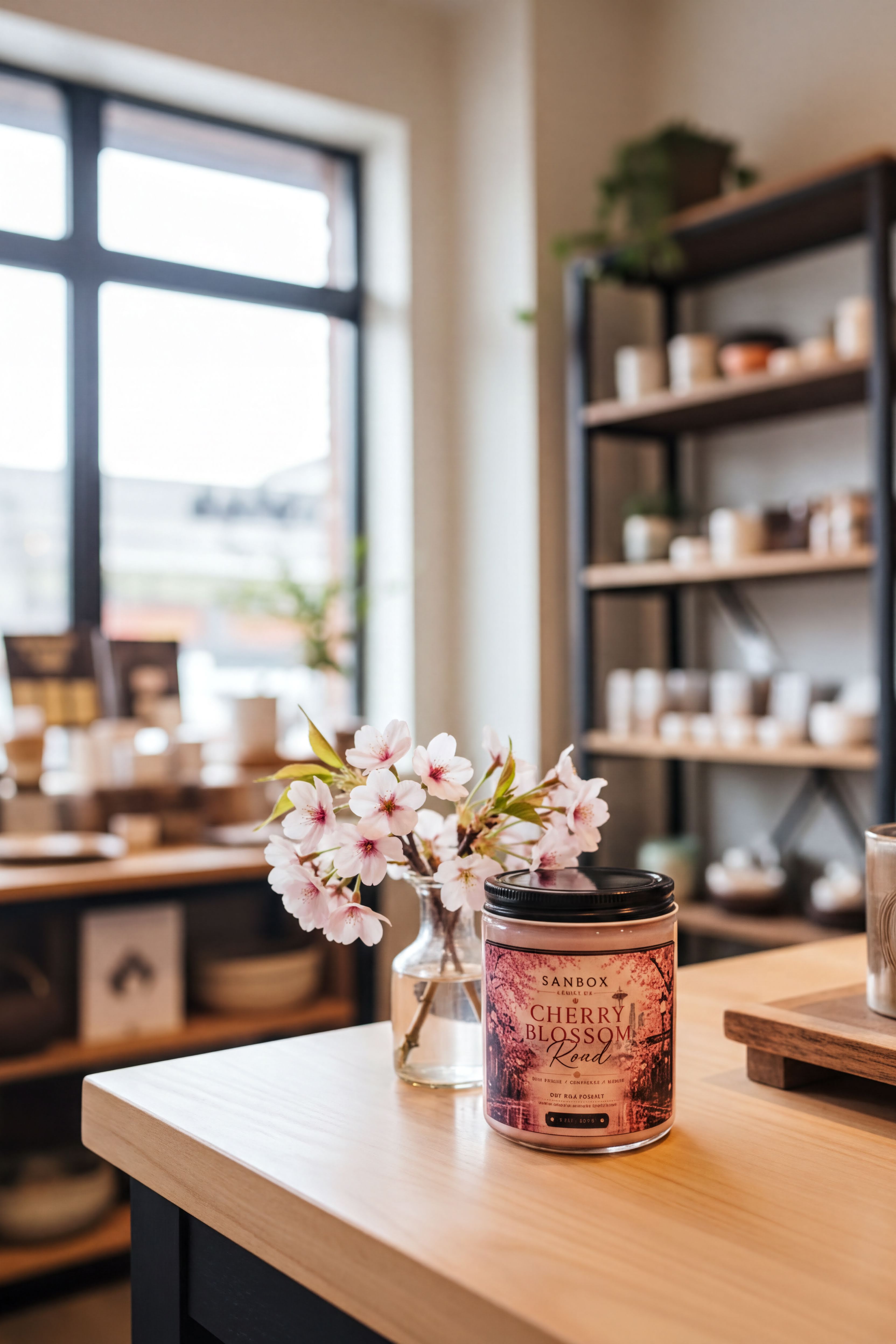 a wooden table with a vase of pink cherry blossoms and a candle labeled "SANDBOX CHERRY BLOSSOMS" on it. The background shows shelves filled with various items, creating a cozy and inviting atmosphere.