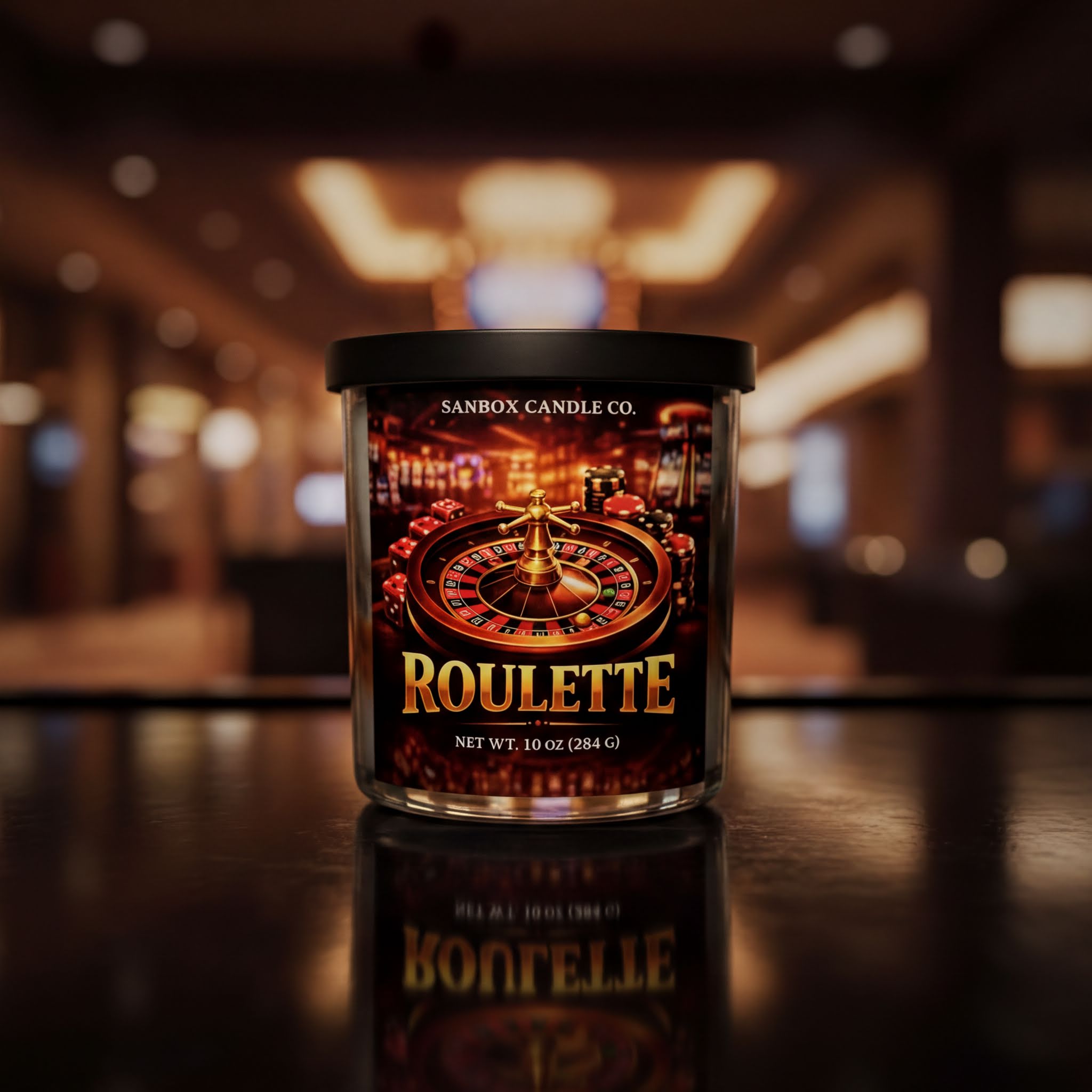 A candle labeled "Roulette" is displayed on a reflective surface, with a blurred background suggesting an indoor setting.