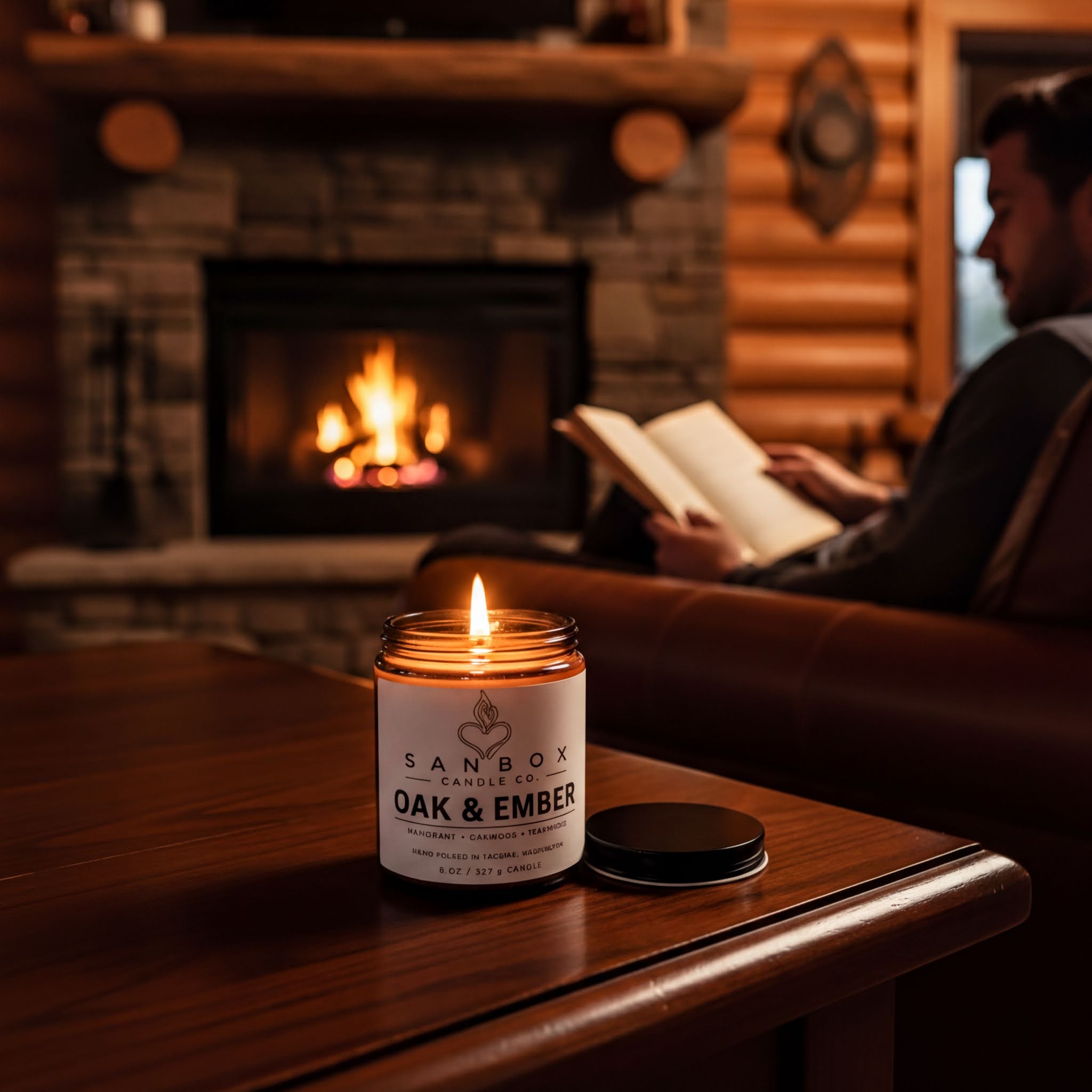 A lit candle in a jar sits on a wooden table, with a person reading a book in the background, in front of a cozy fireplace.