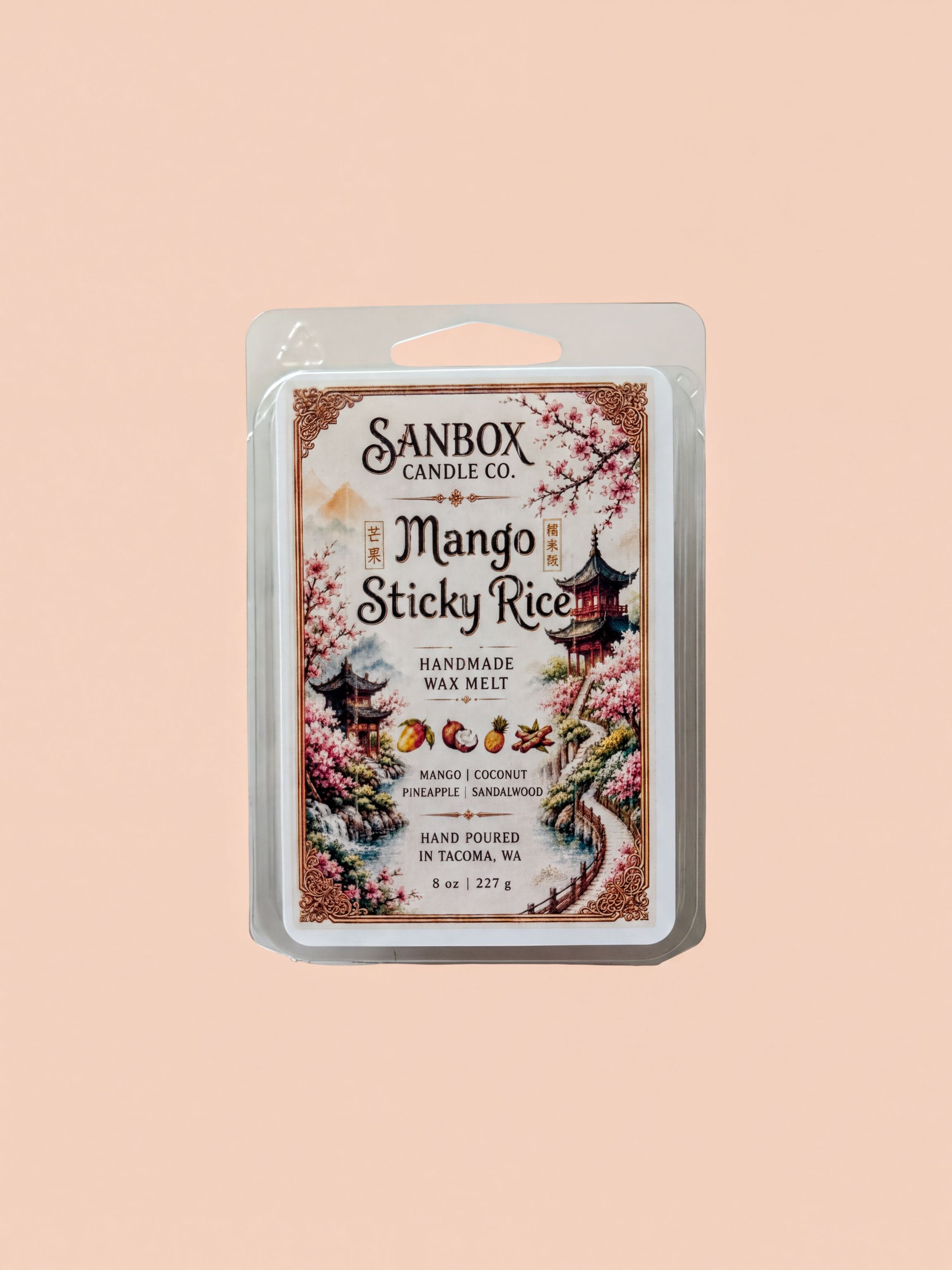 a package of Sanbox Candle Co. Mango Sticky Rice Hand Melt Wax Melts.