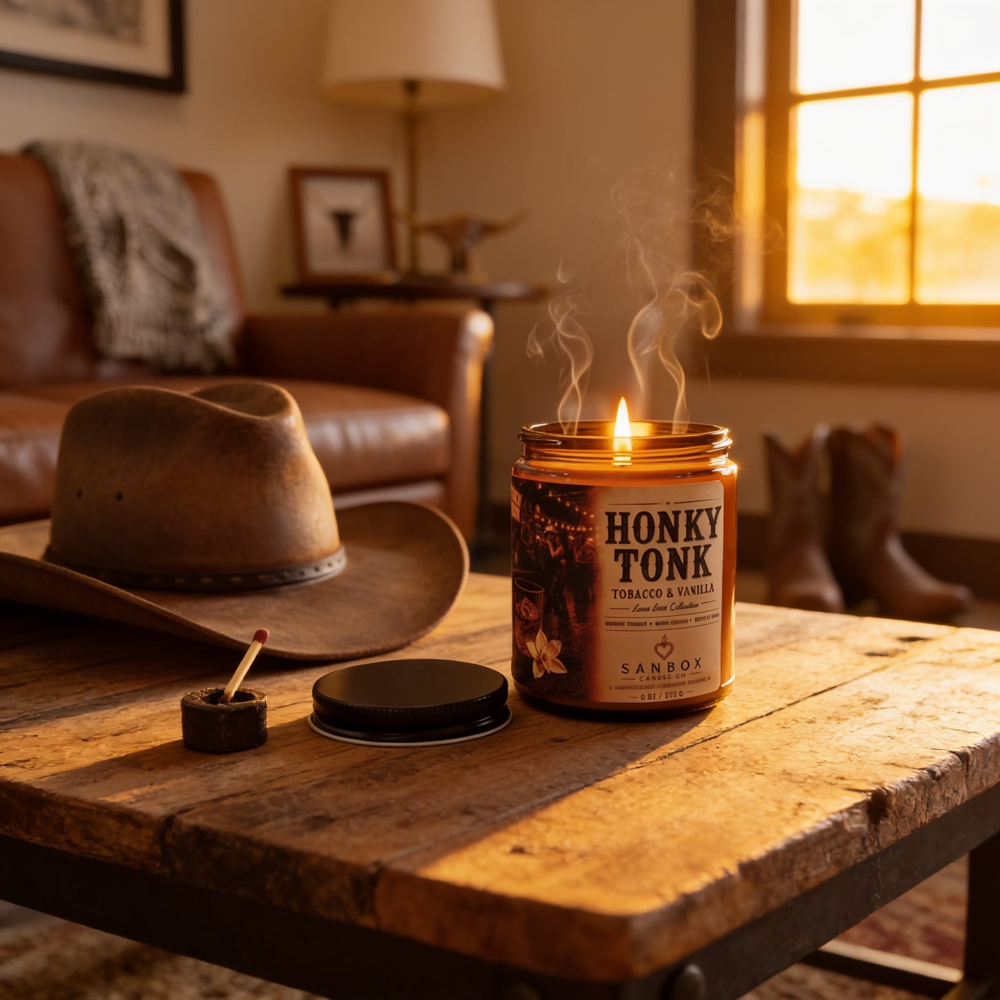 a wooden table with a lit candle, a cowboy hat, a pair of boots, and a small black object, all set against a warm, golden-hued background.