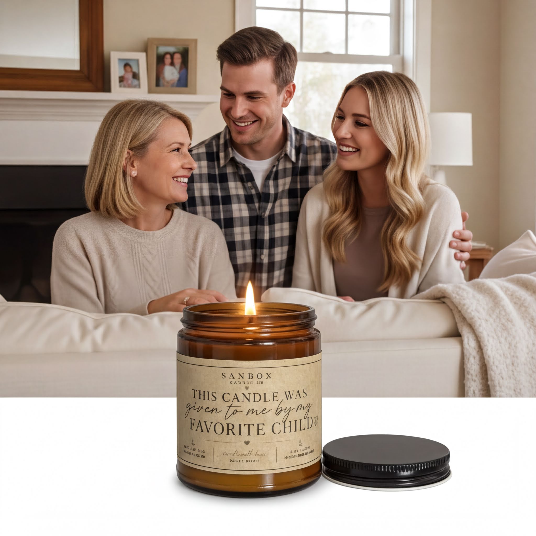 A man and two women are sitting together on a couch, smiling and looking at a lit candle in the foreground.
