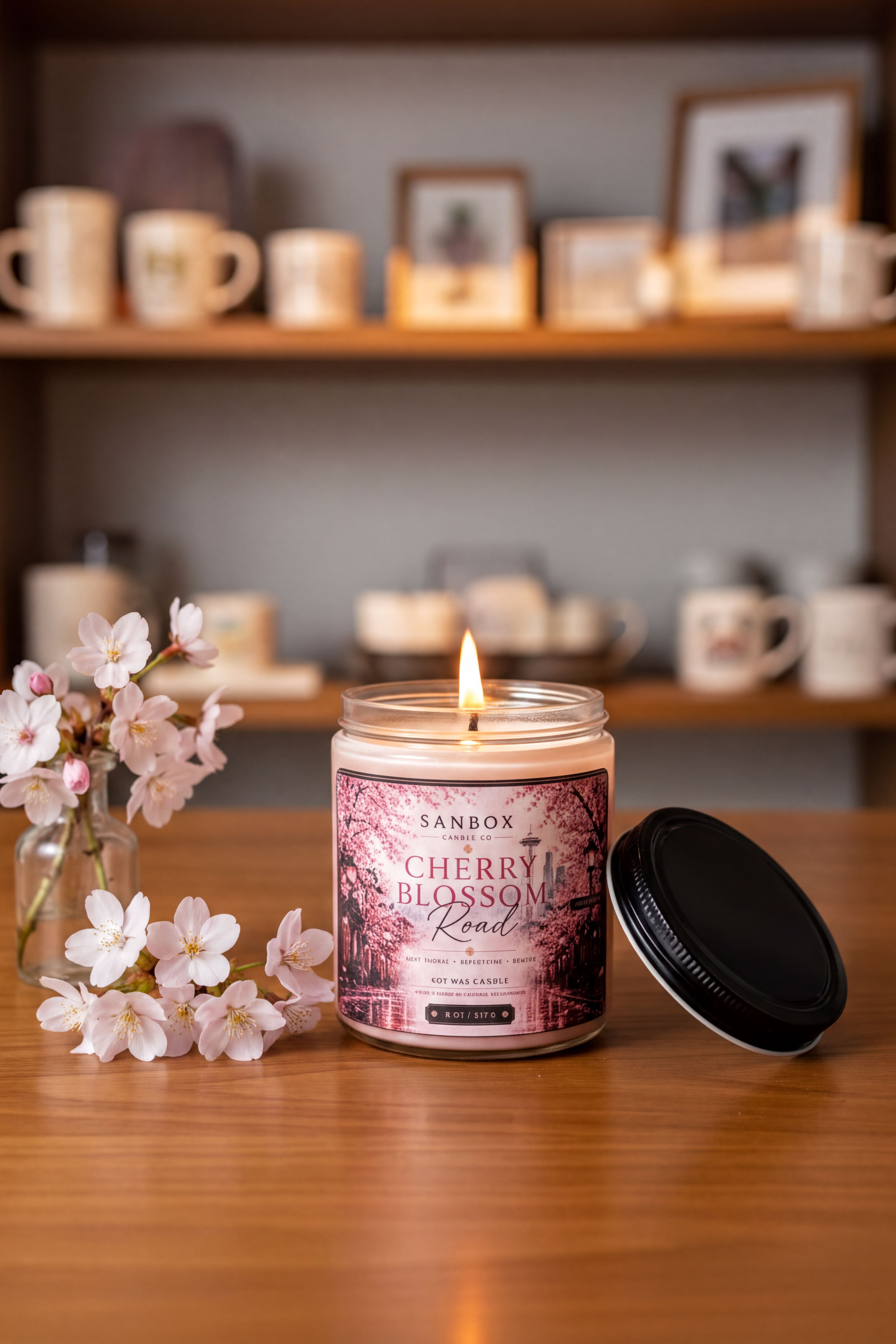 a lit candle on a wooden surface, surrounded by a vase of pink flowers and a shelf with various items.