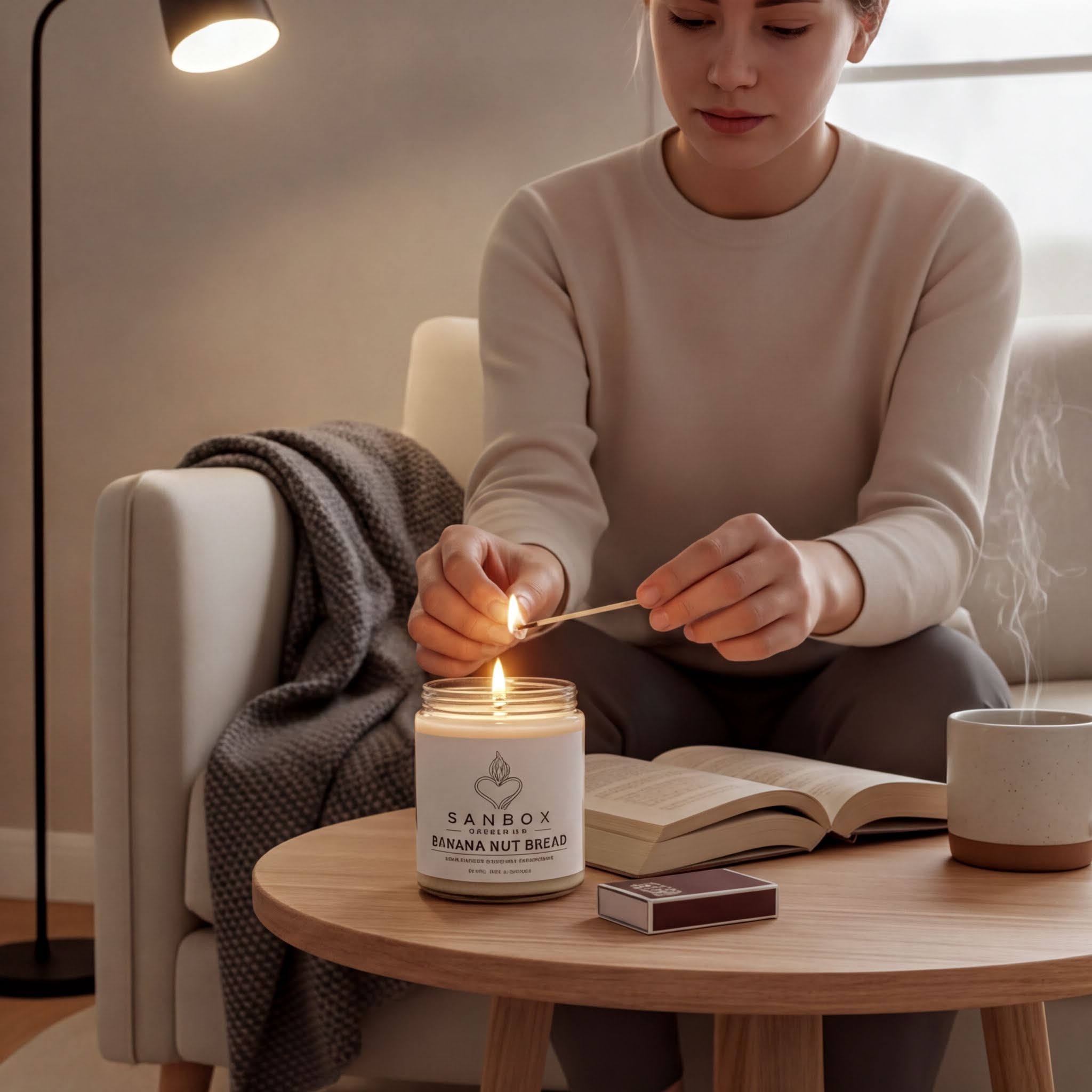 A woman sits on a couch, lighting a candle in a jar labeled "SANBOX BANANA NUT BREAD" while reading a book and holding a match.